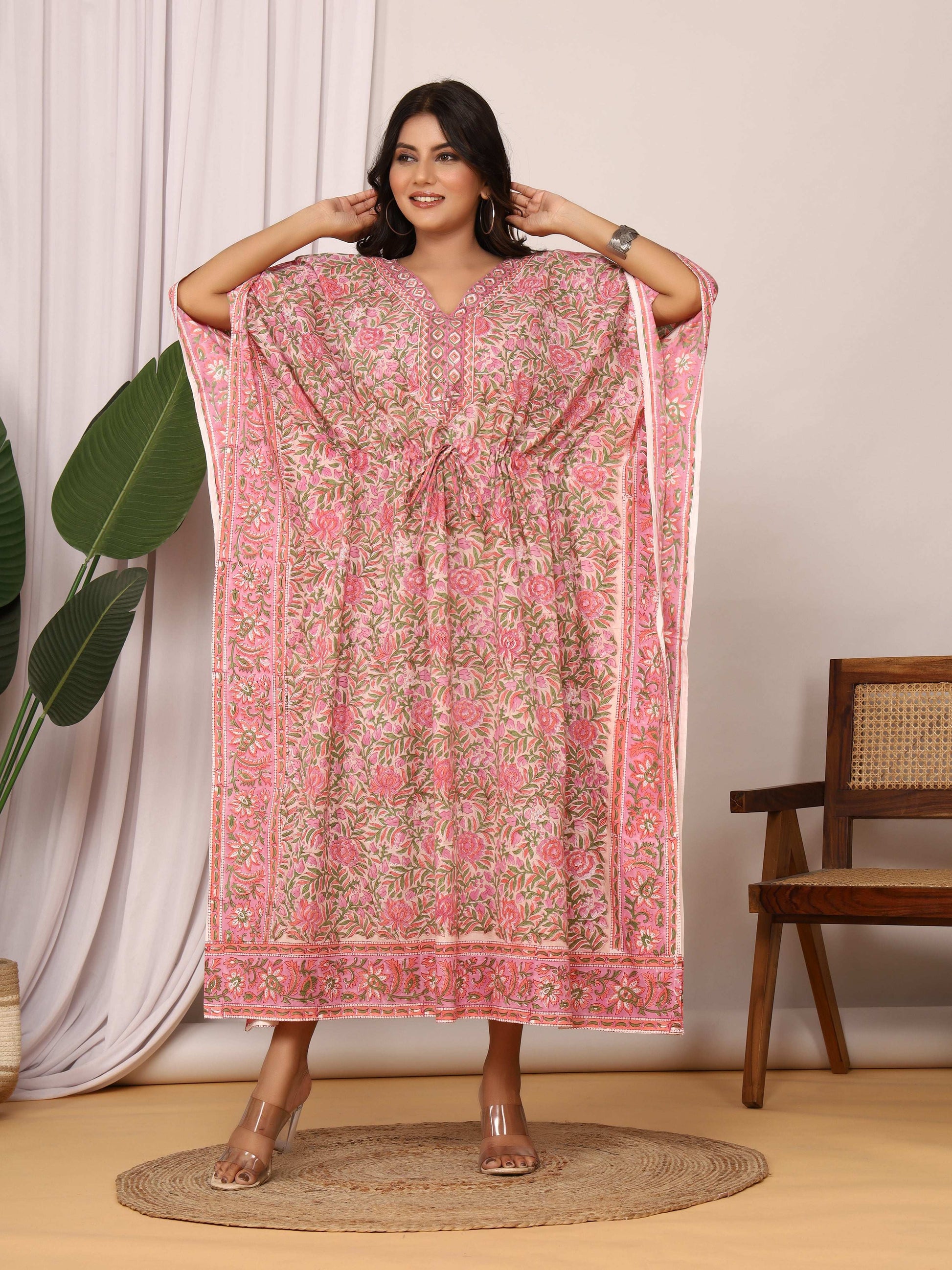 Sanganeri Print Pink & Green Floral Cotton Kaftan