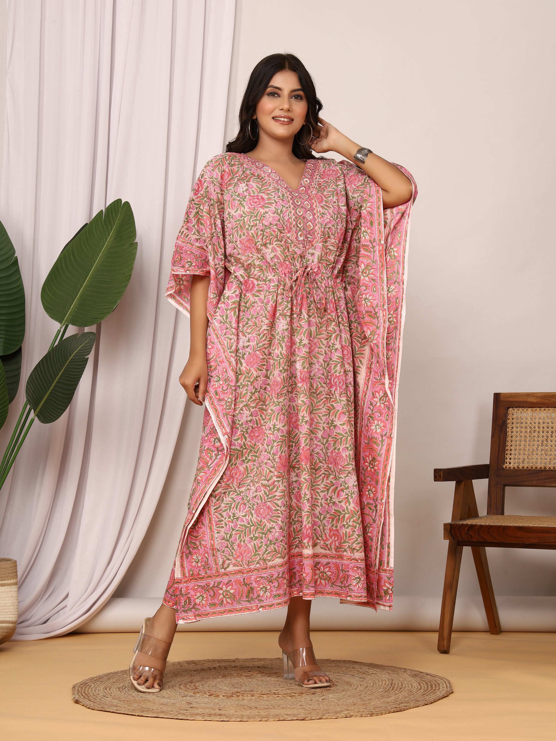 Sanganeri Print Pink & Green Floral Cotton Kaftan