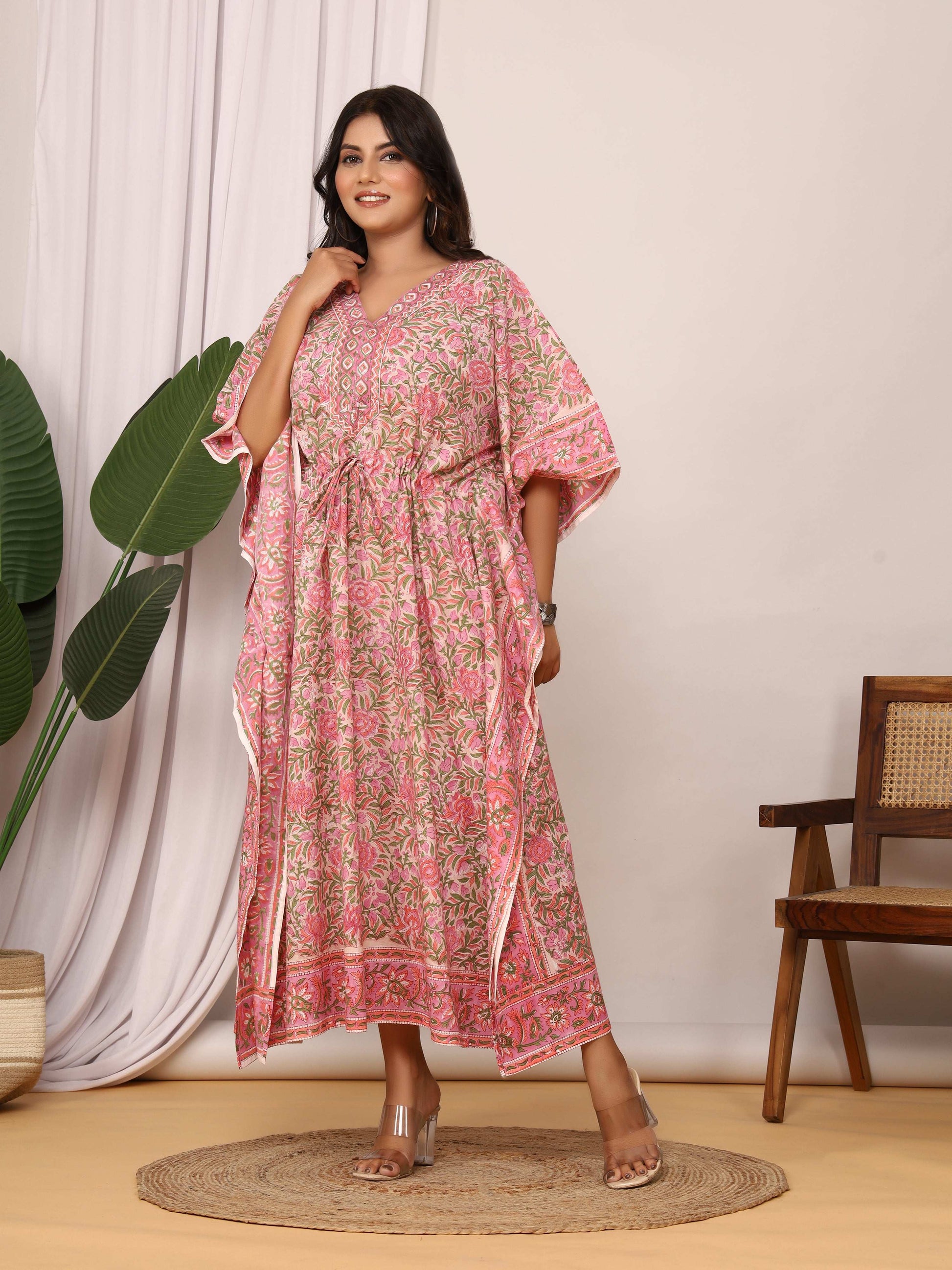 Sanganeri Print Pink & Green Floral Cotton Kaftan