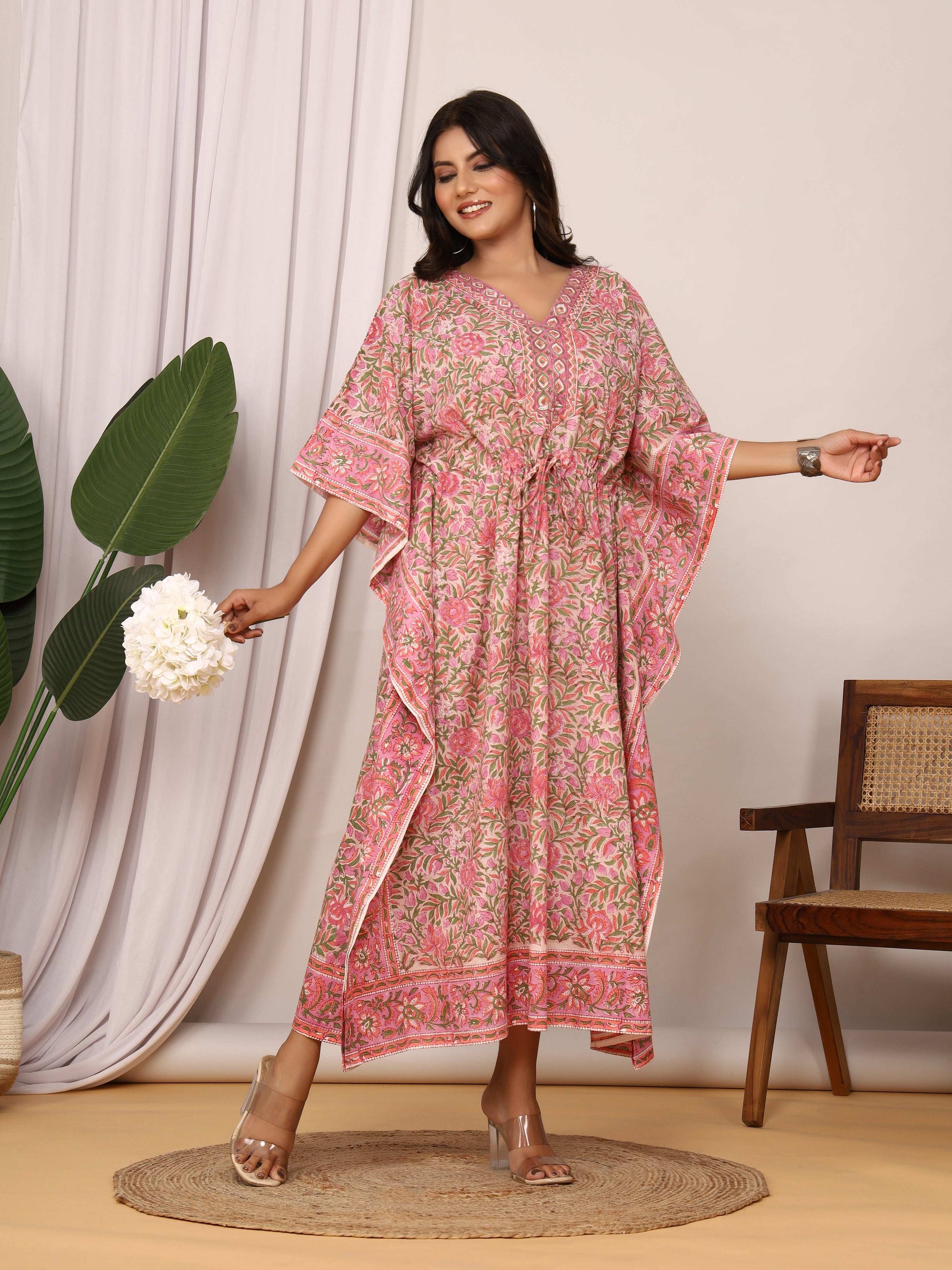 Sanganeri Print Pink & Green Floral Cotton Kaftan