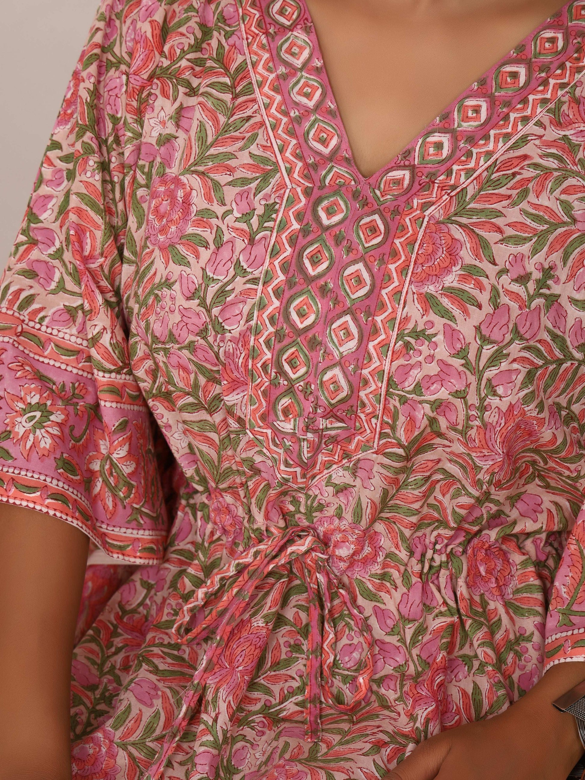 Sanganeri Print Pink & Green Floral Cotton Kaftan