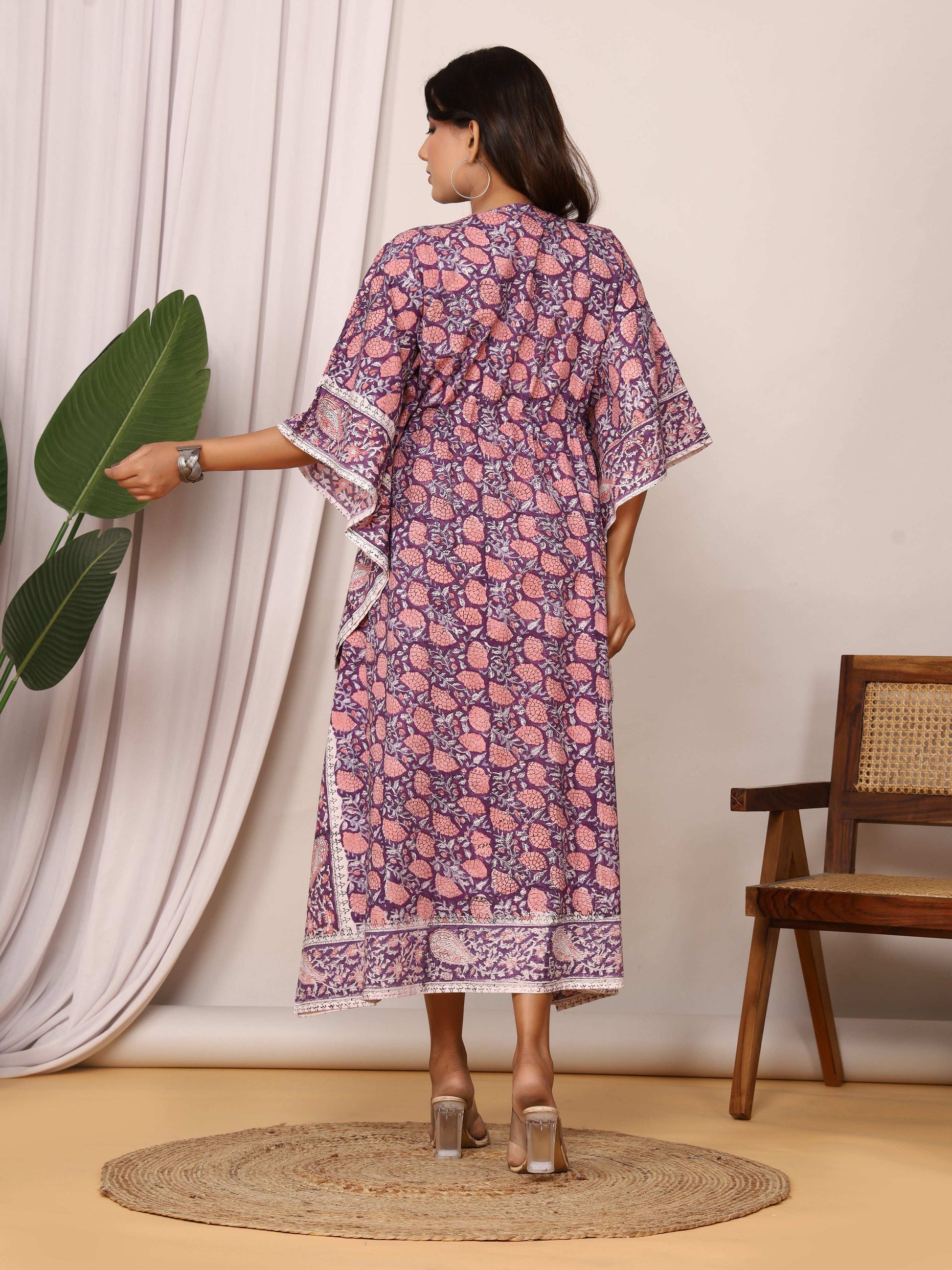 Sanganeri Print Purple & Pink Cotton Kaftan