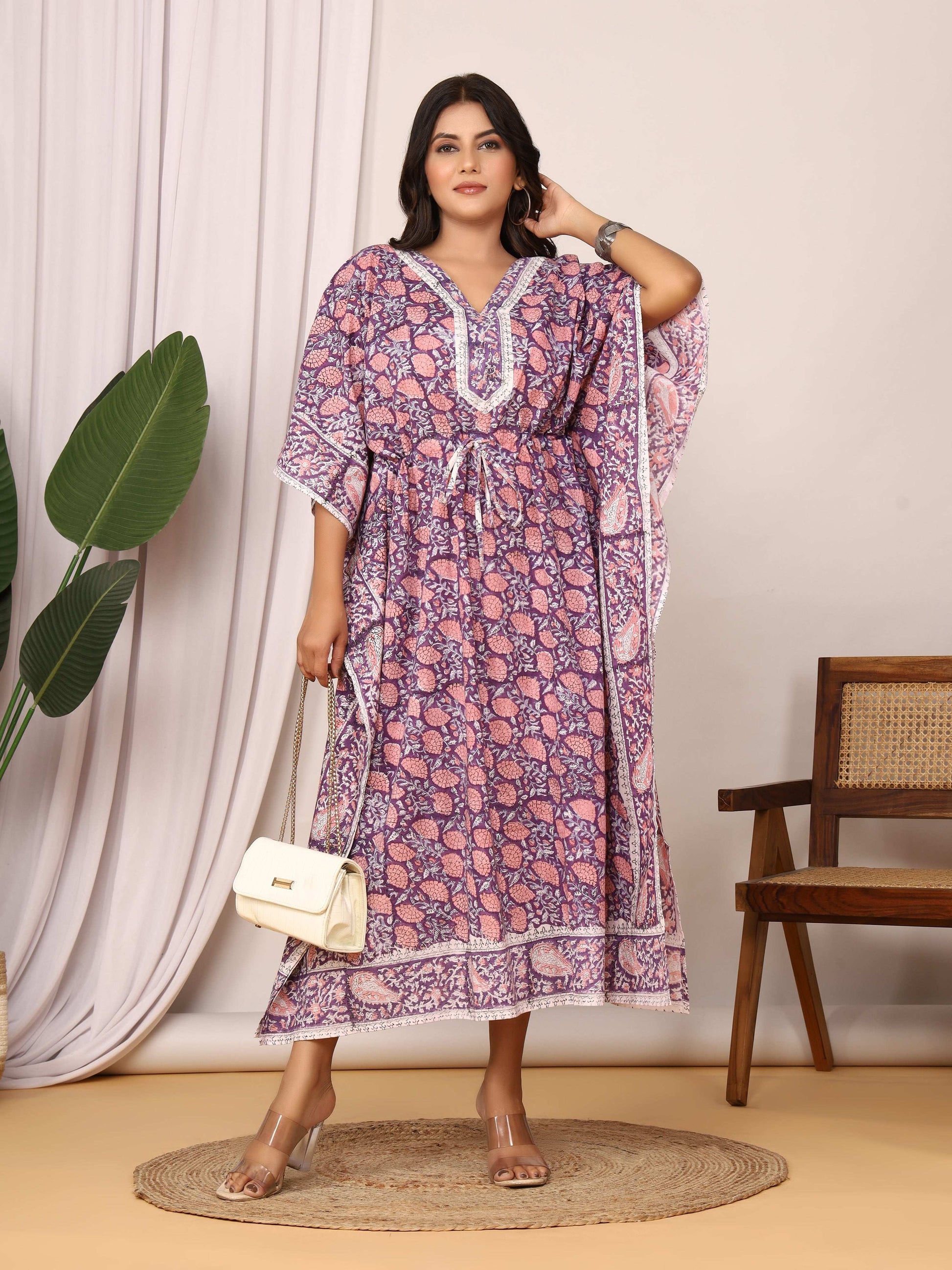 Sanganeri Print Purple & Pink Cotton Kaftan
