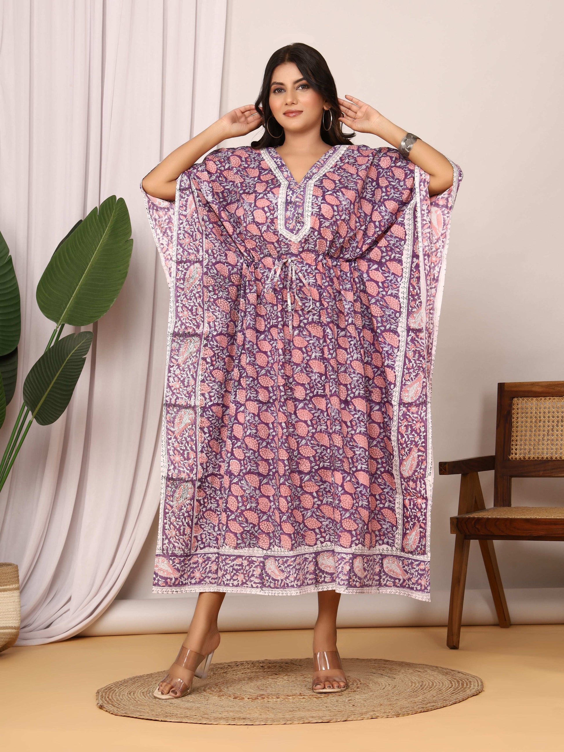 Sanganeri Print Purple & Pink Cotton Kaftan