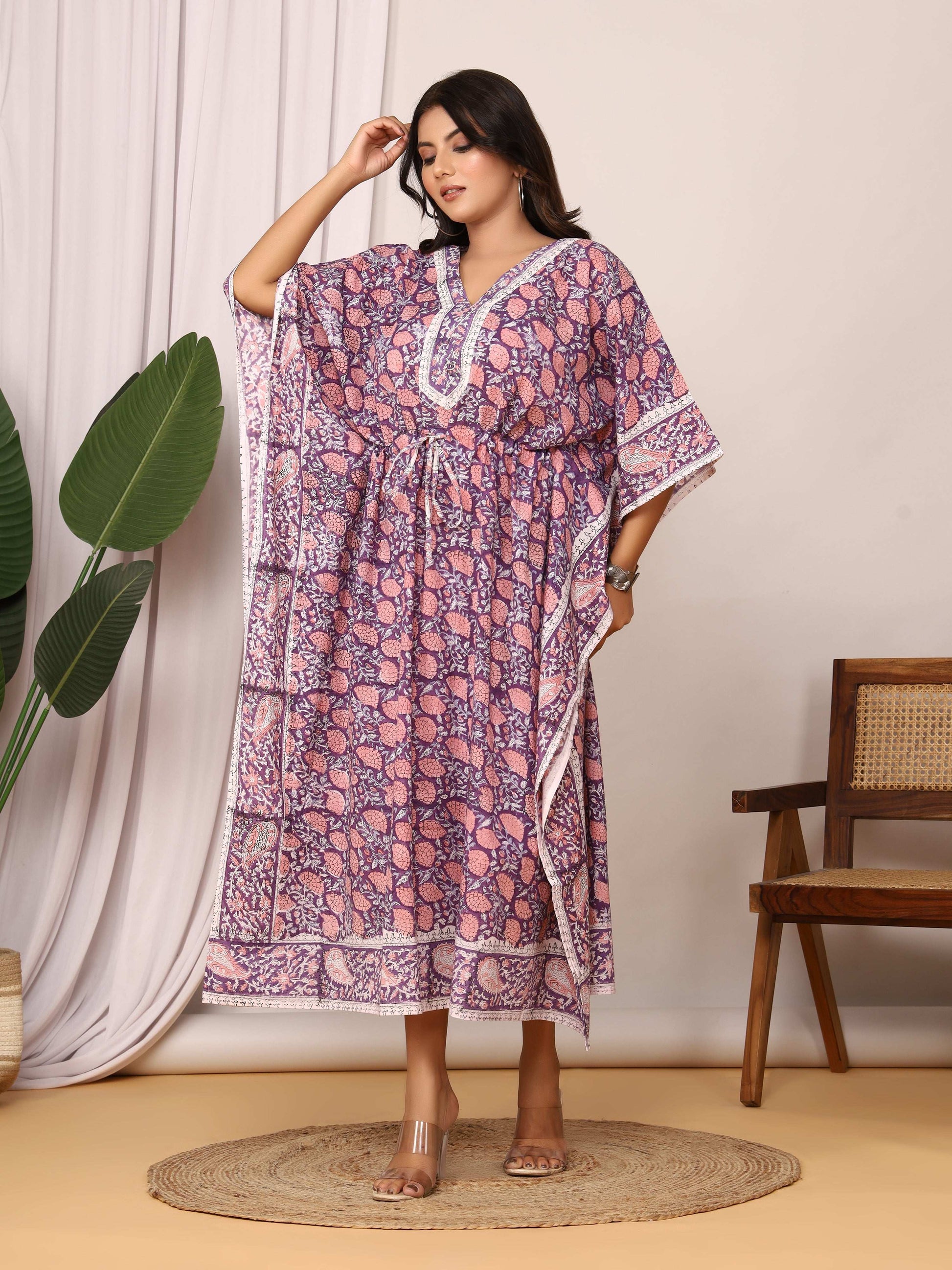 Sanganeri Print Purple & Pink Cotton Kaftan