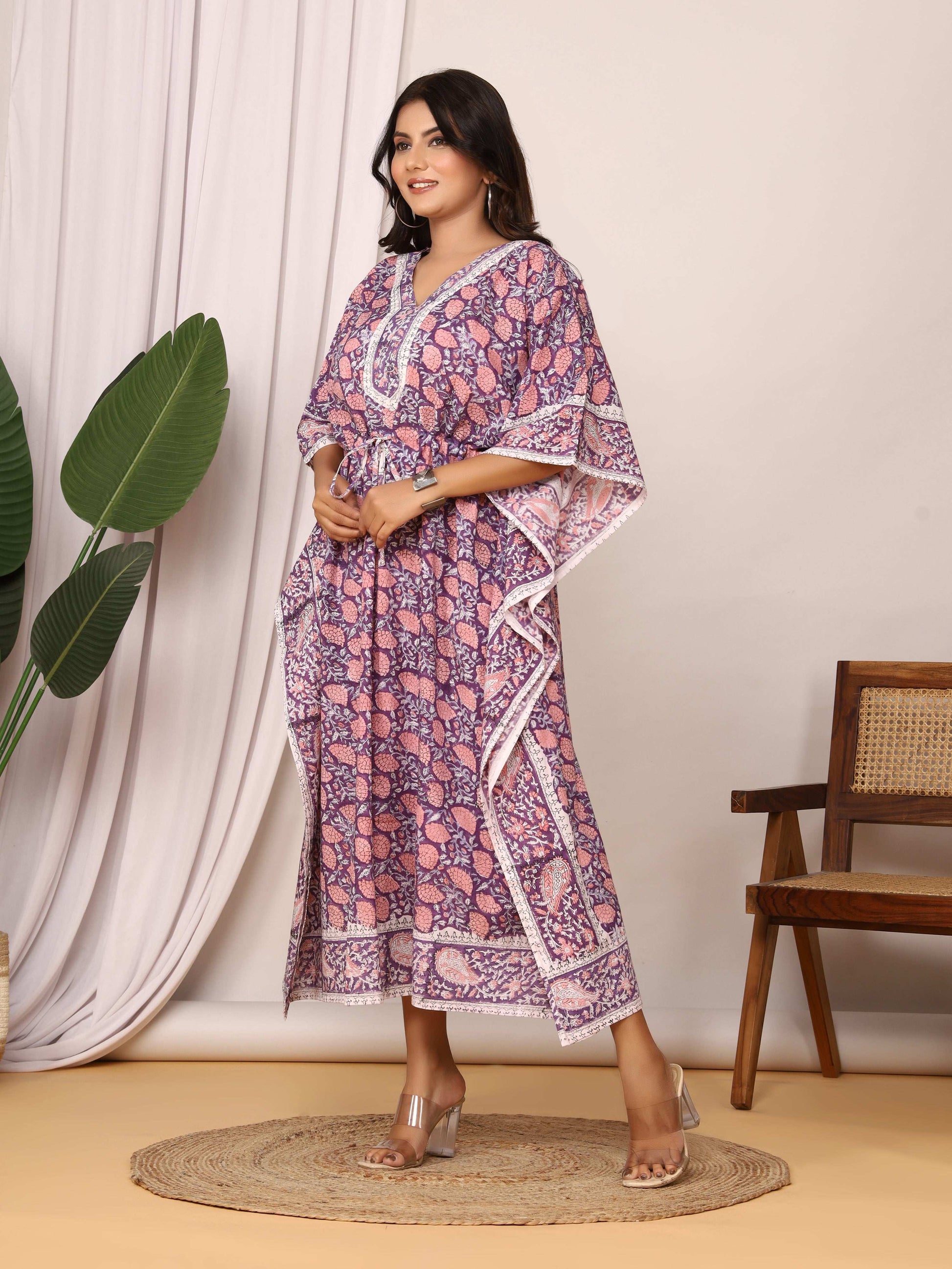 Sanganeri Print Purple & Pink Cotton Kaftan
