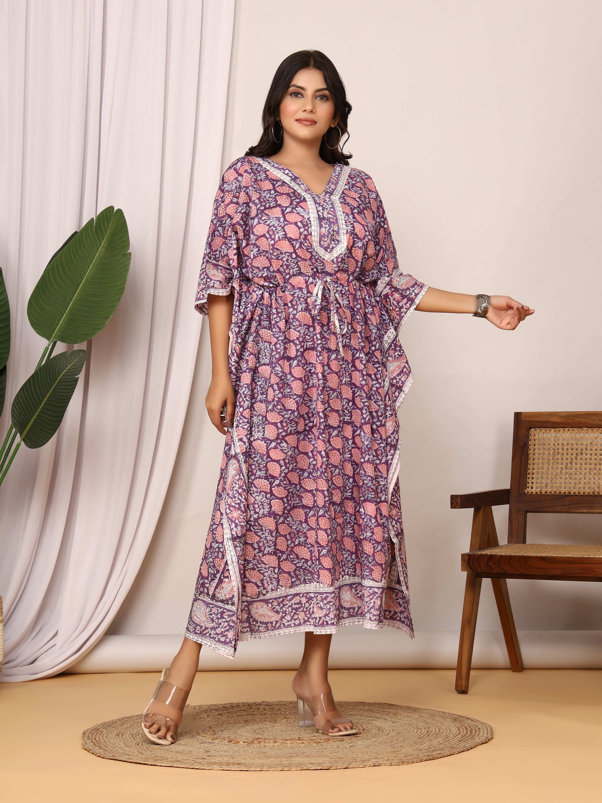 Sanganeri Print Purple & Pink Cotton Kaftan