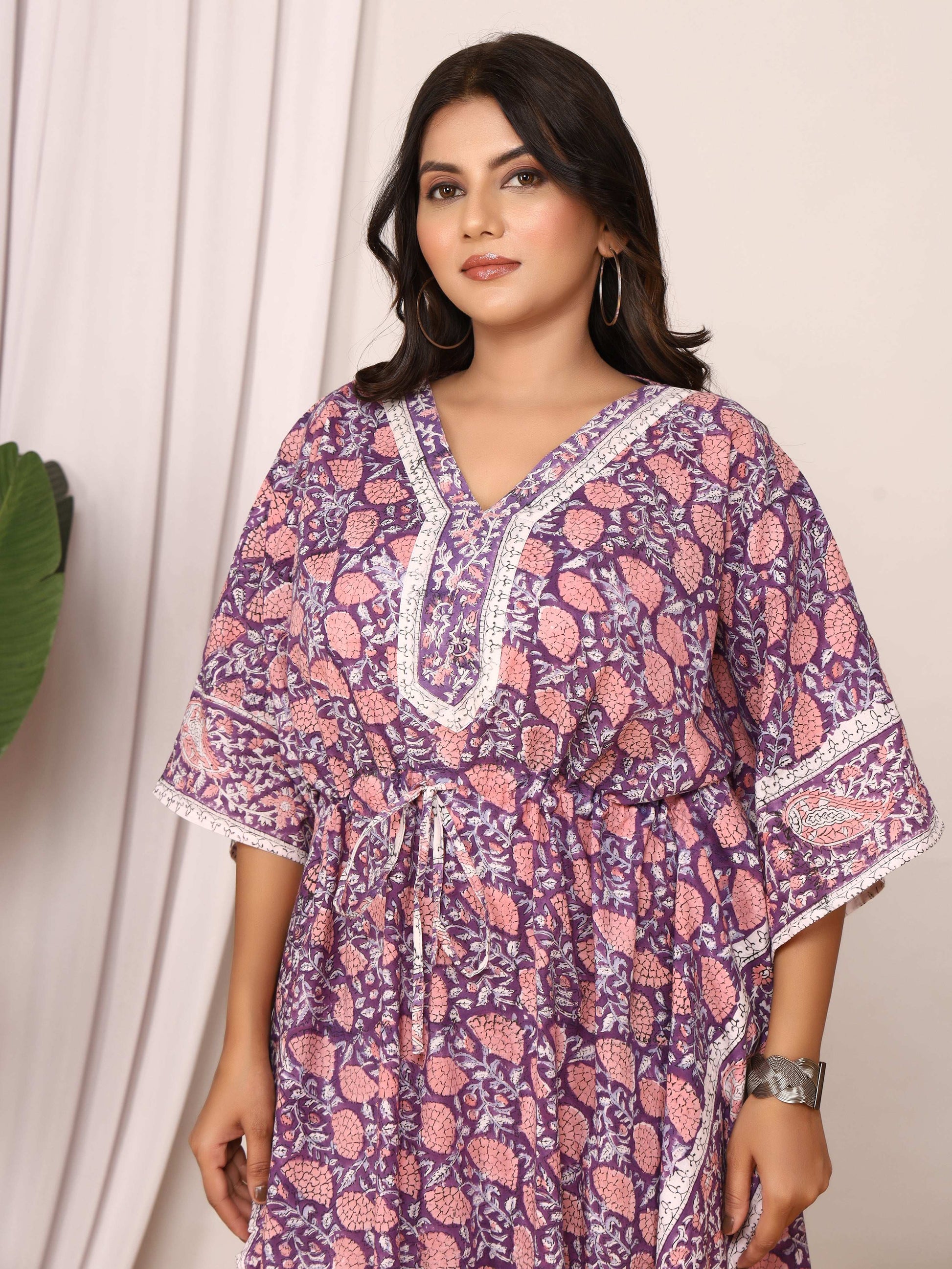 Sanganeri Print Purple & Pink Cotton Kaftan