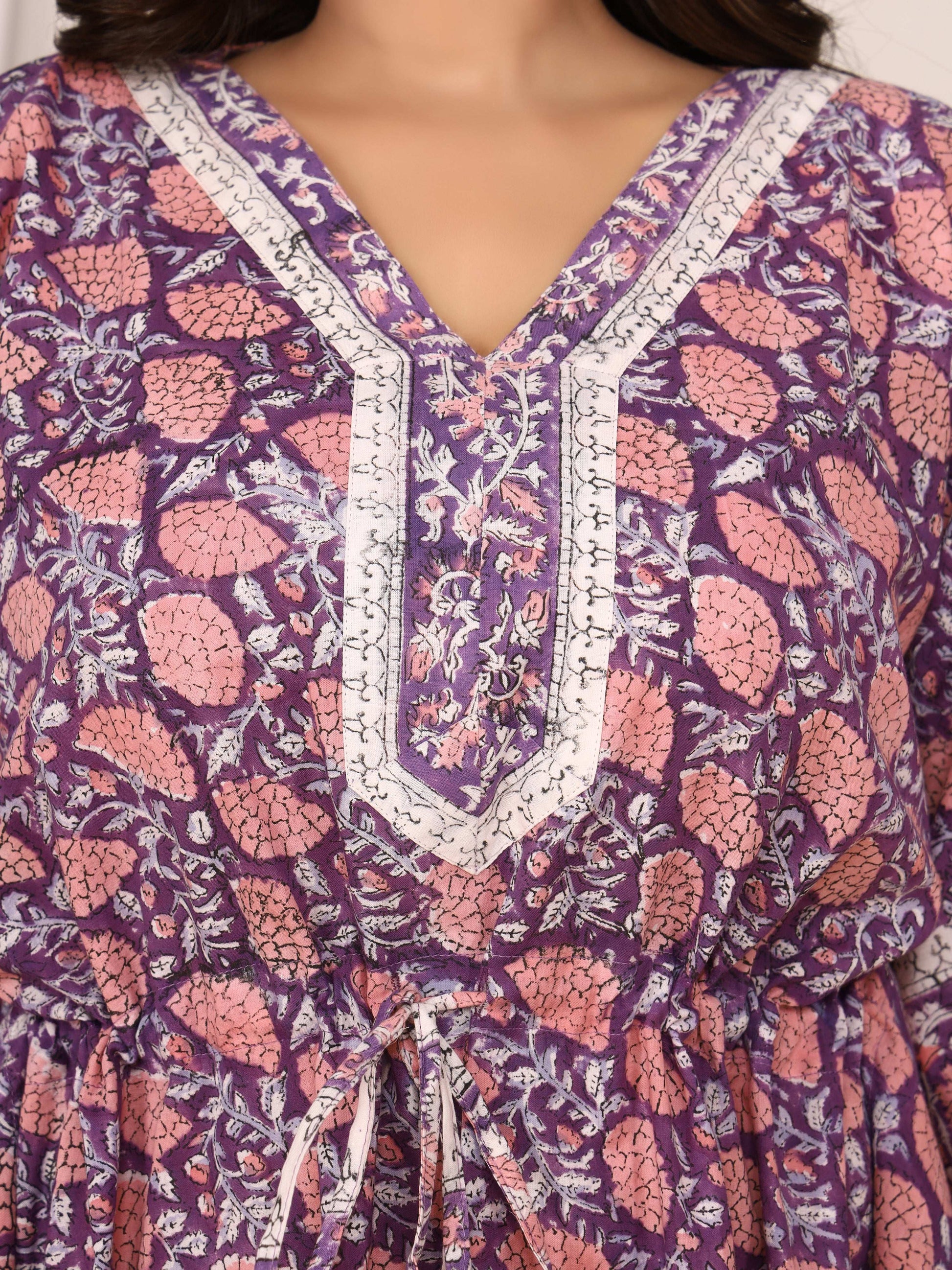 Sanganeri Print Purple & Pink Cotton Kaftan