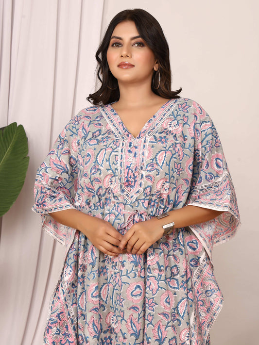 Sanganeri Print Grey & Pink Cotton Kaftan