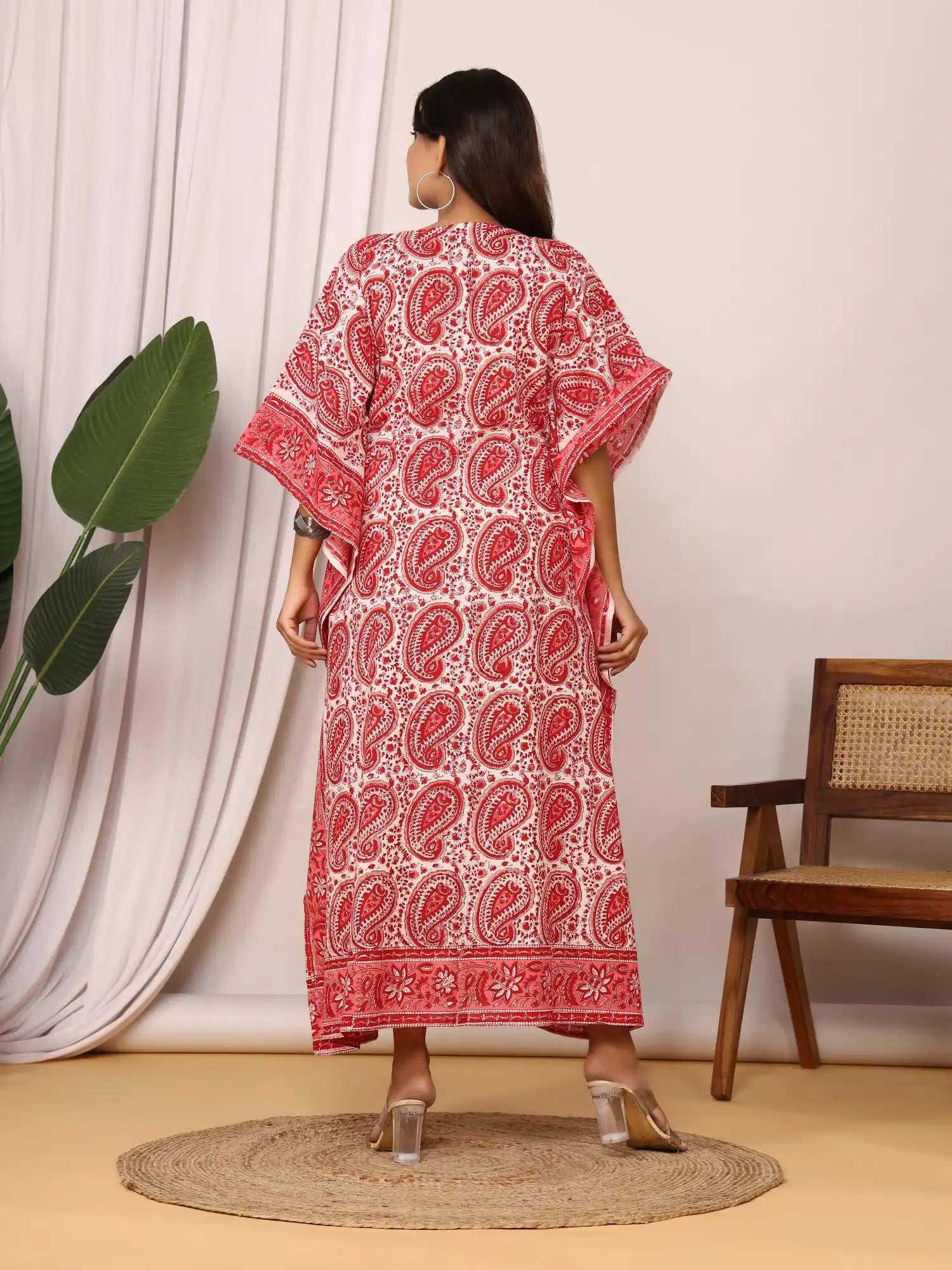 Sanganeri Paisley Print Red & White Cotton Kaftan