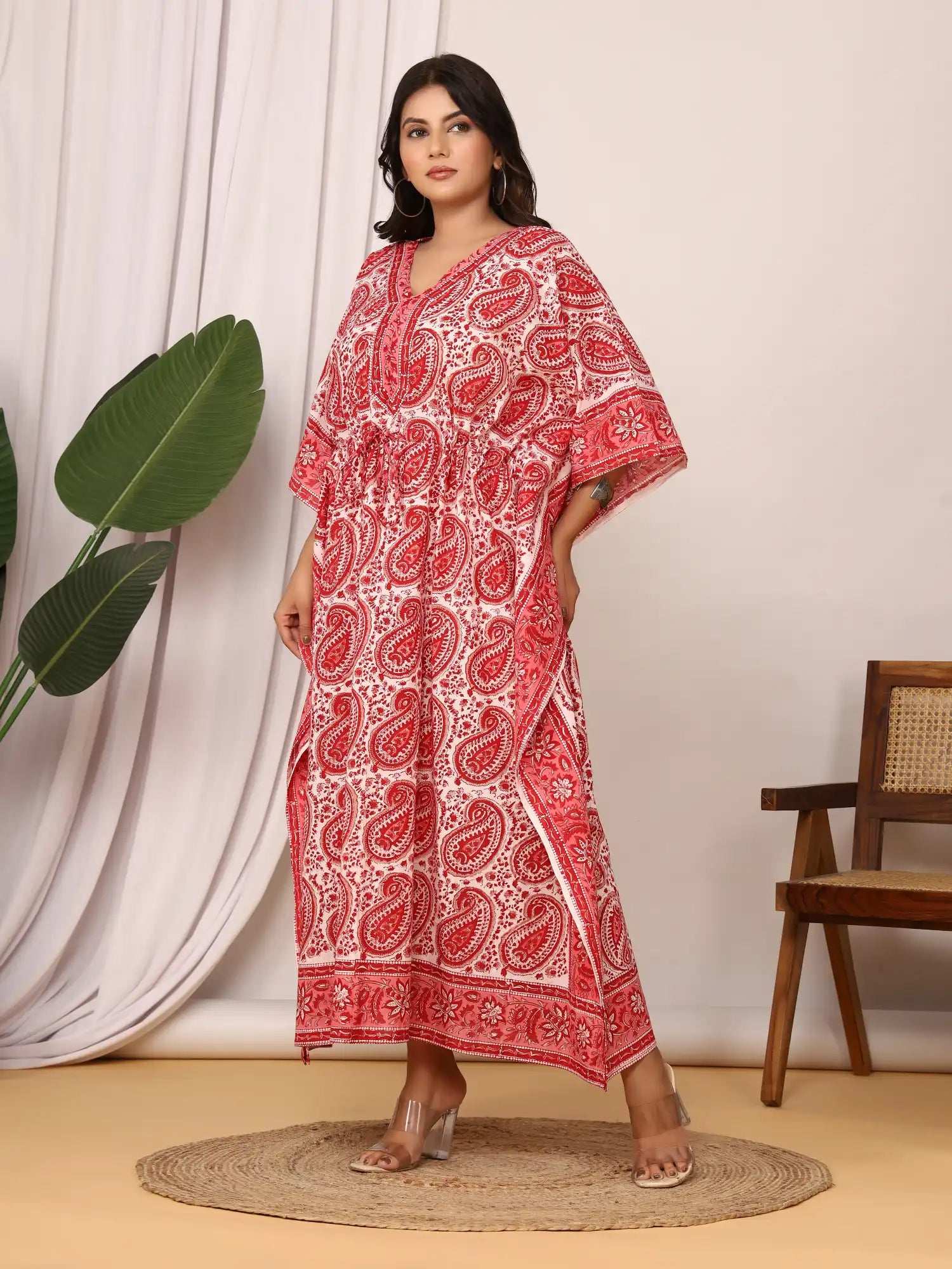 Sanganeri Paisley Print Red & White Cotton Kaftan