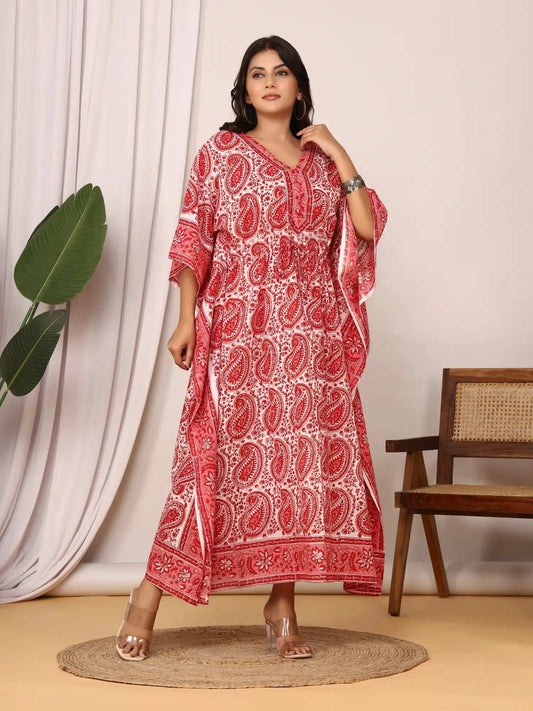 Sanganeri Paisley Print Red & White Cotton Kaftan