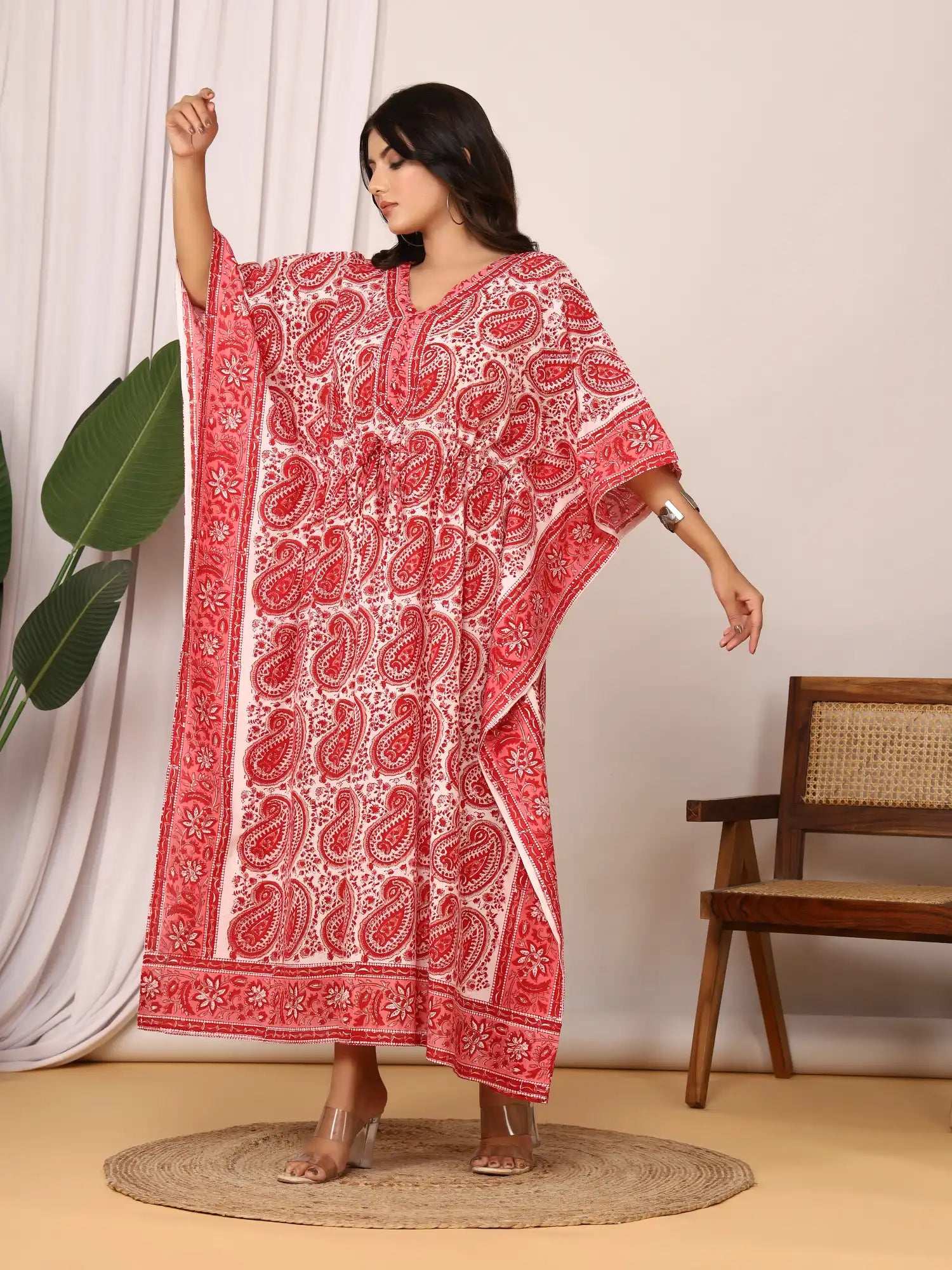 Sanganeri Paisley Print Red & White Cotton Kaftan