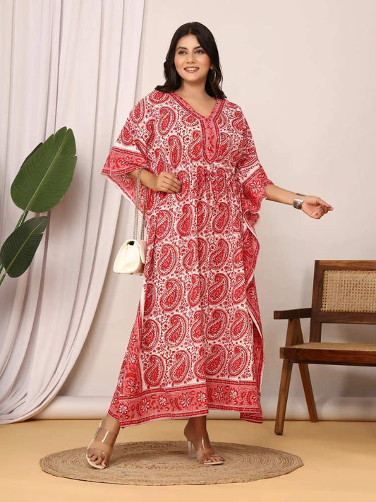 Sanganeri Paisley Print Red & White Cotton Kaftan
