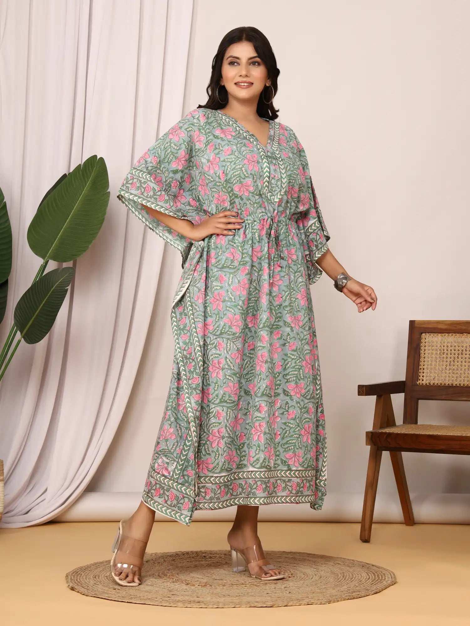 Sanganeri Floral Print Soft Grey & Pink Cotton Kaftan