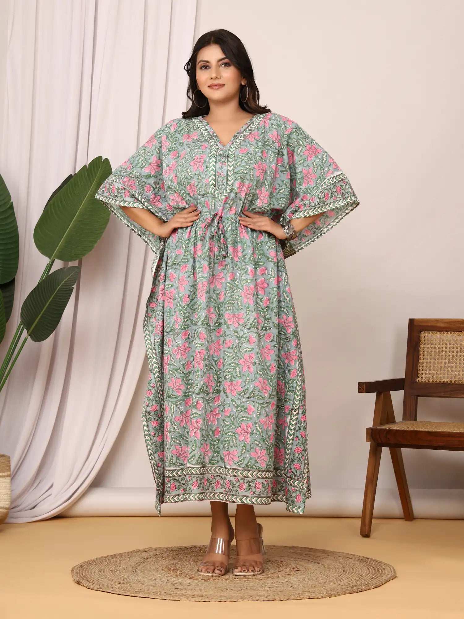 Sanganeri Floral Print Soft Grey & Pink Cotton Kaftan