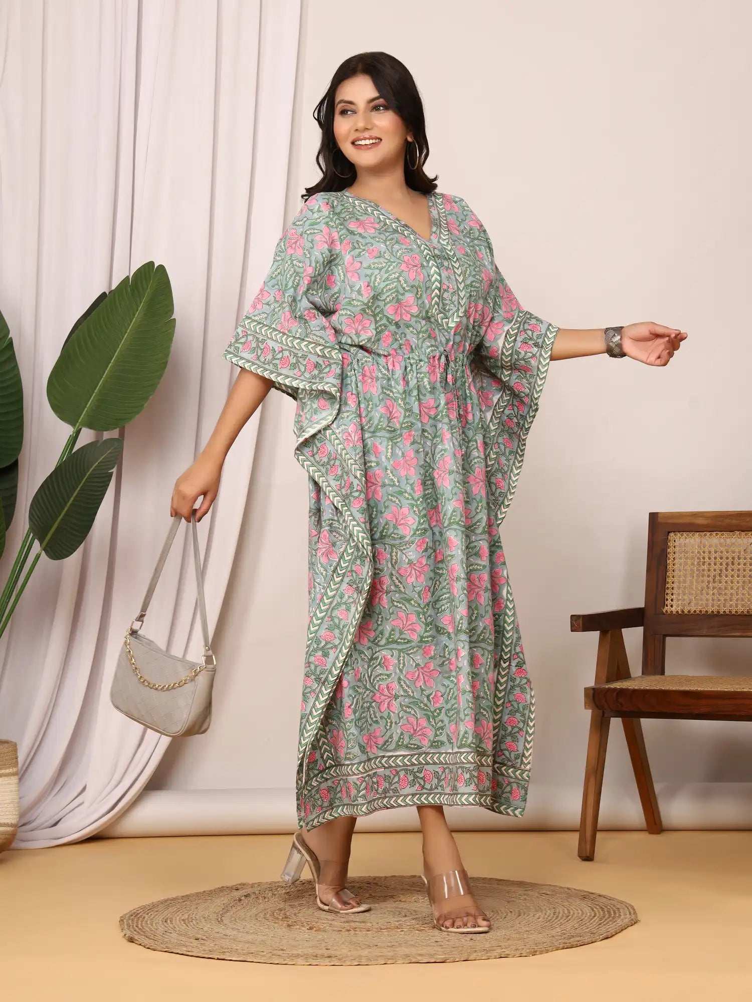 Sanganeri Floral Print Soft Grey & Pink Cotton Kaftan