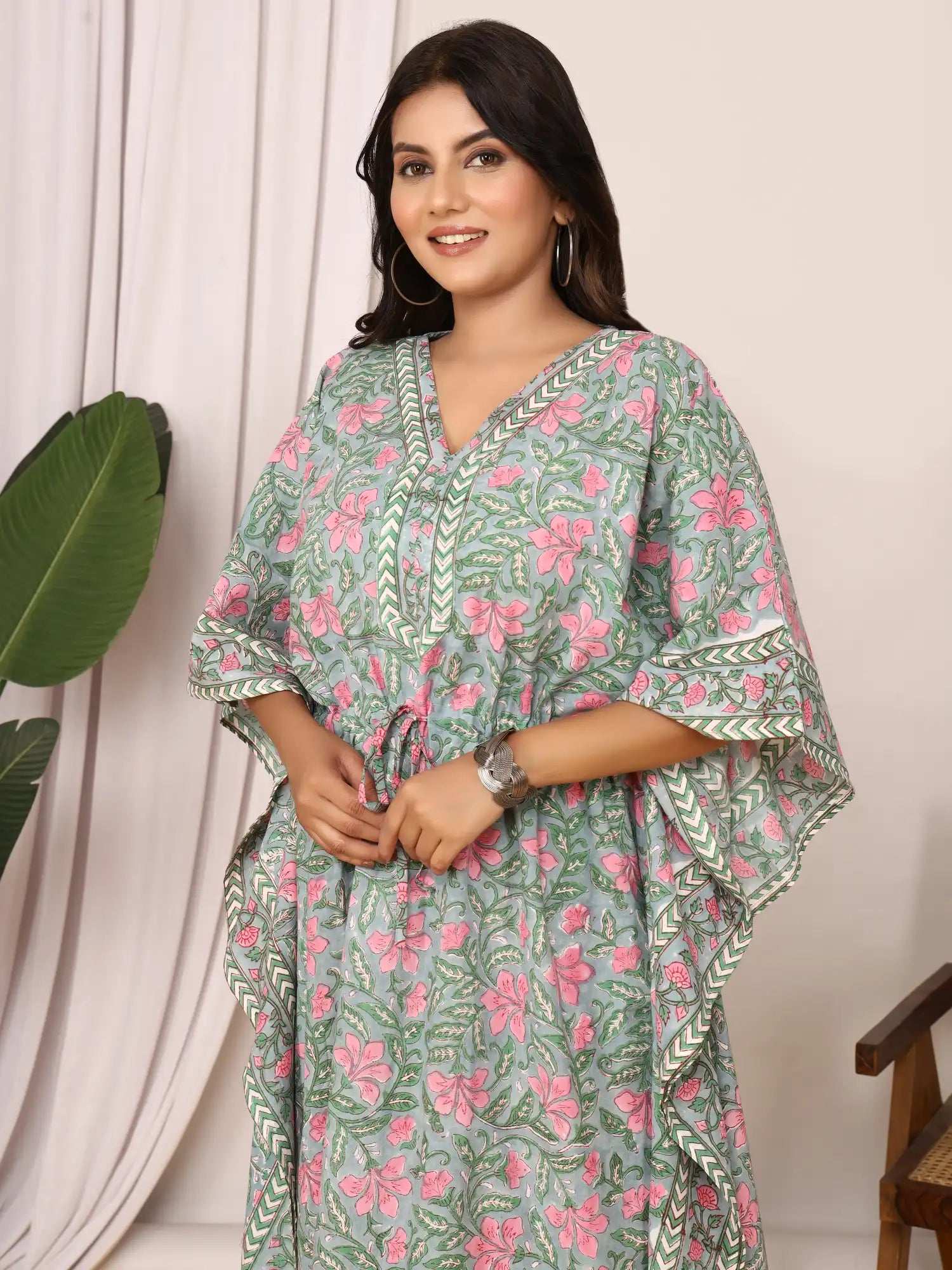 Sanganeri Floral Print Soft Grey & Pink Cotton Kaftan