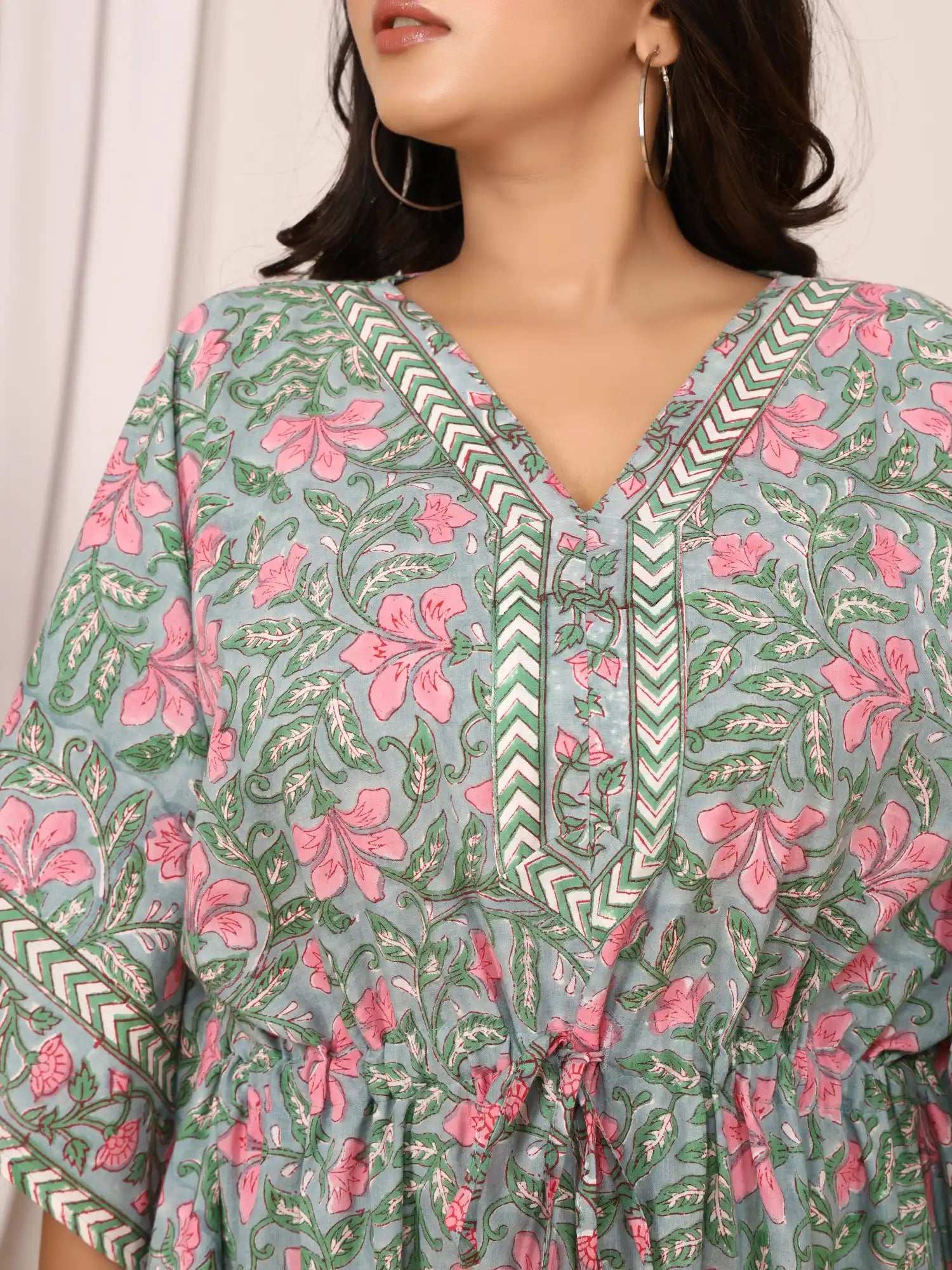 Sanganeri Floral Print Soft Grey & Pink Cotton Kaftan