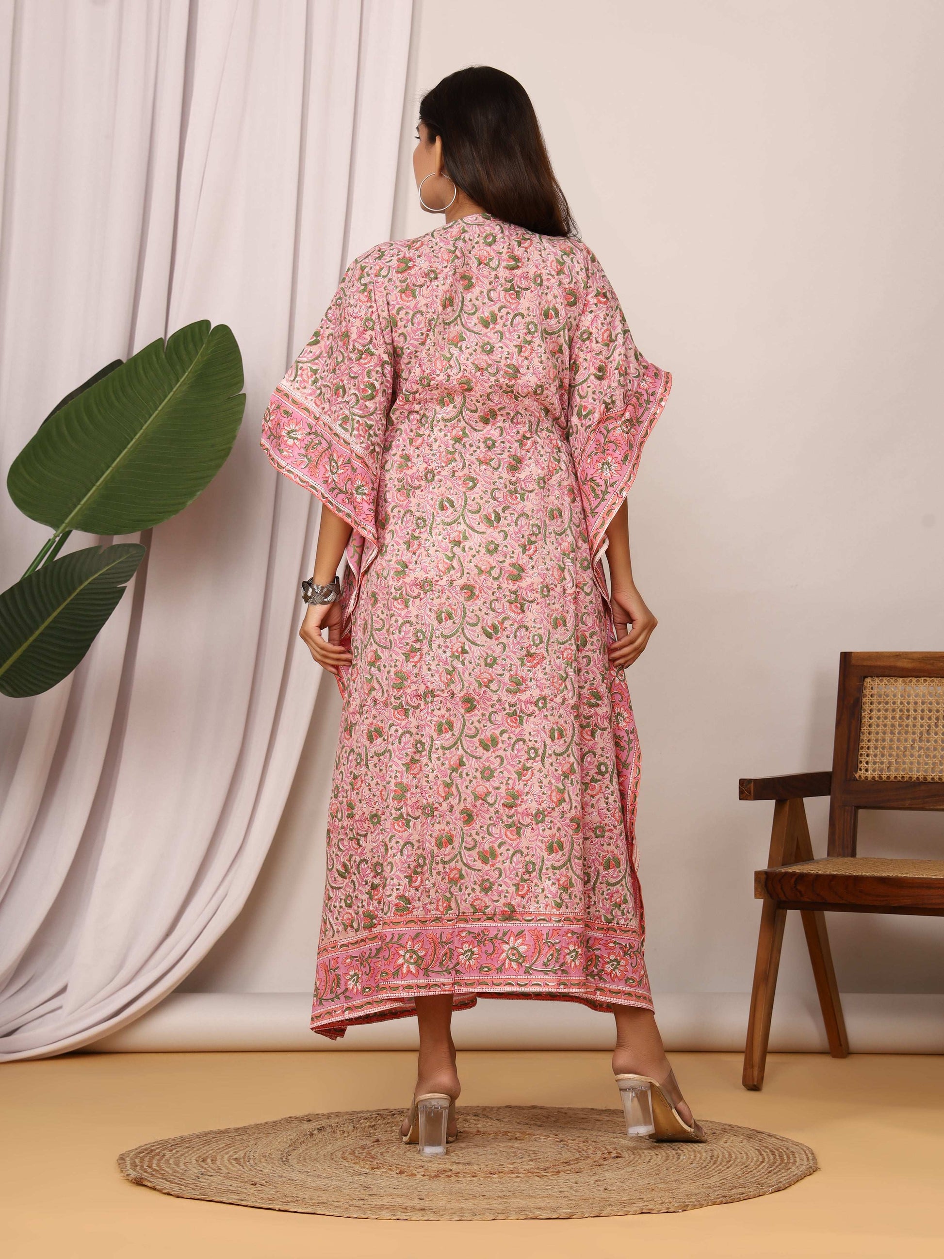 Sanganeri Floral Print Pink & Green Cotton Kaftan