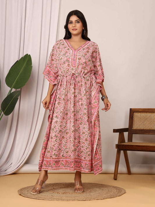 Sanganeri Floral Print Pink & Green Cotton Kaftan