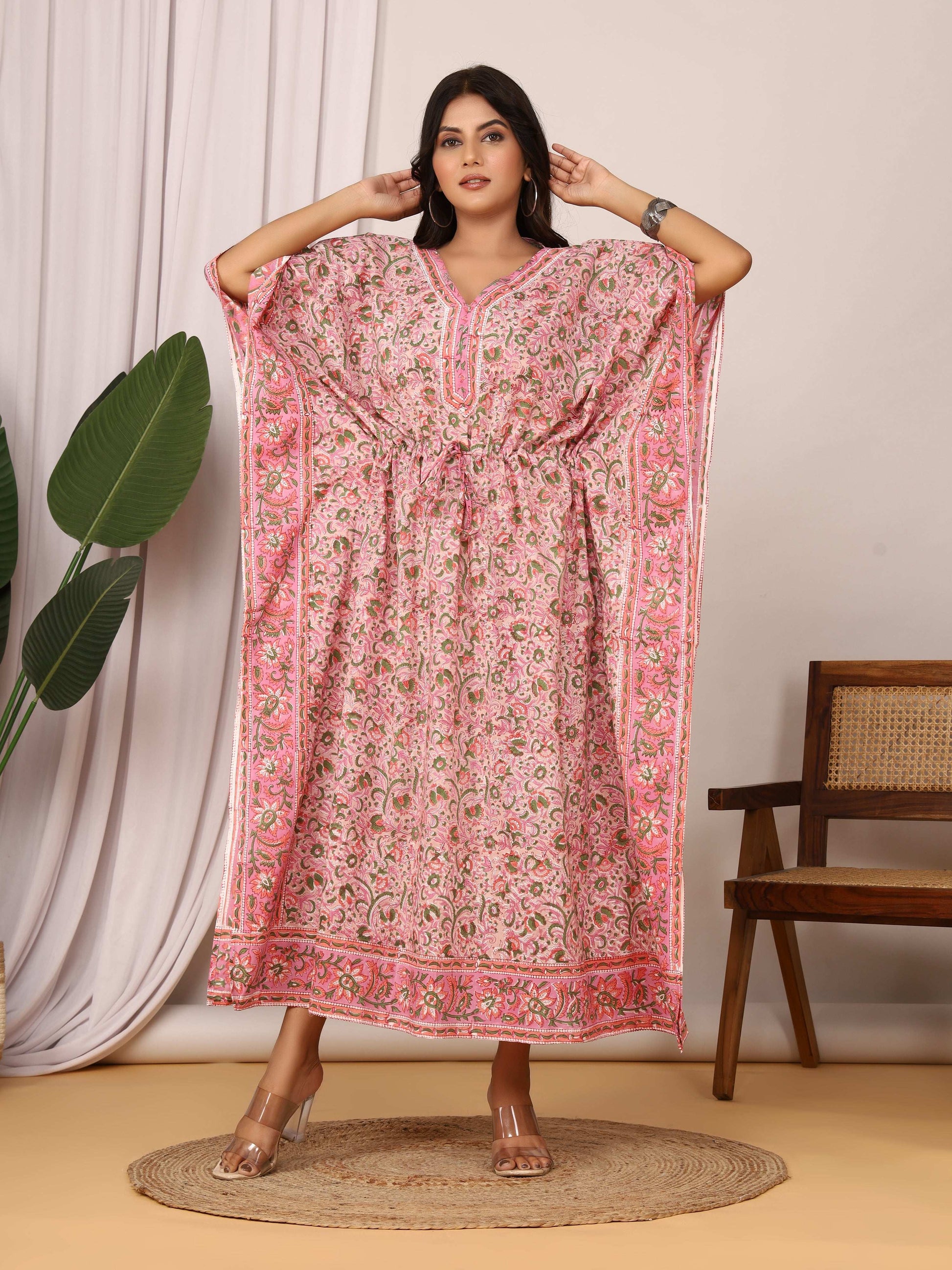 Sanganeri Floral Print Pink & Green Cotton Kaftan
