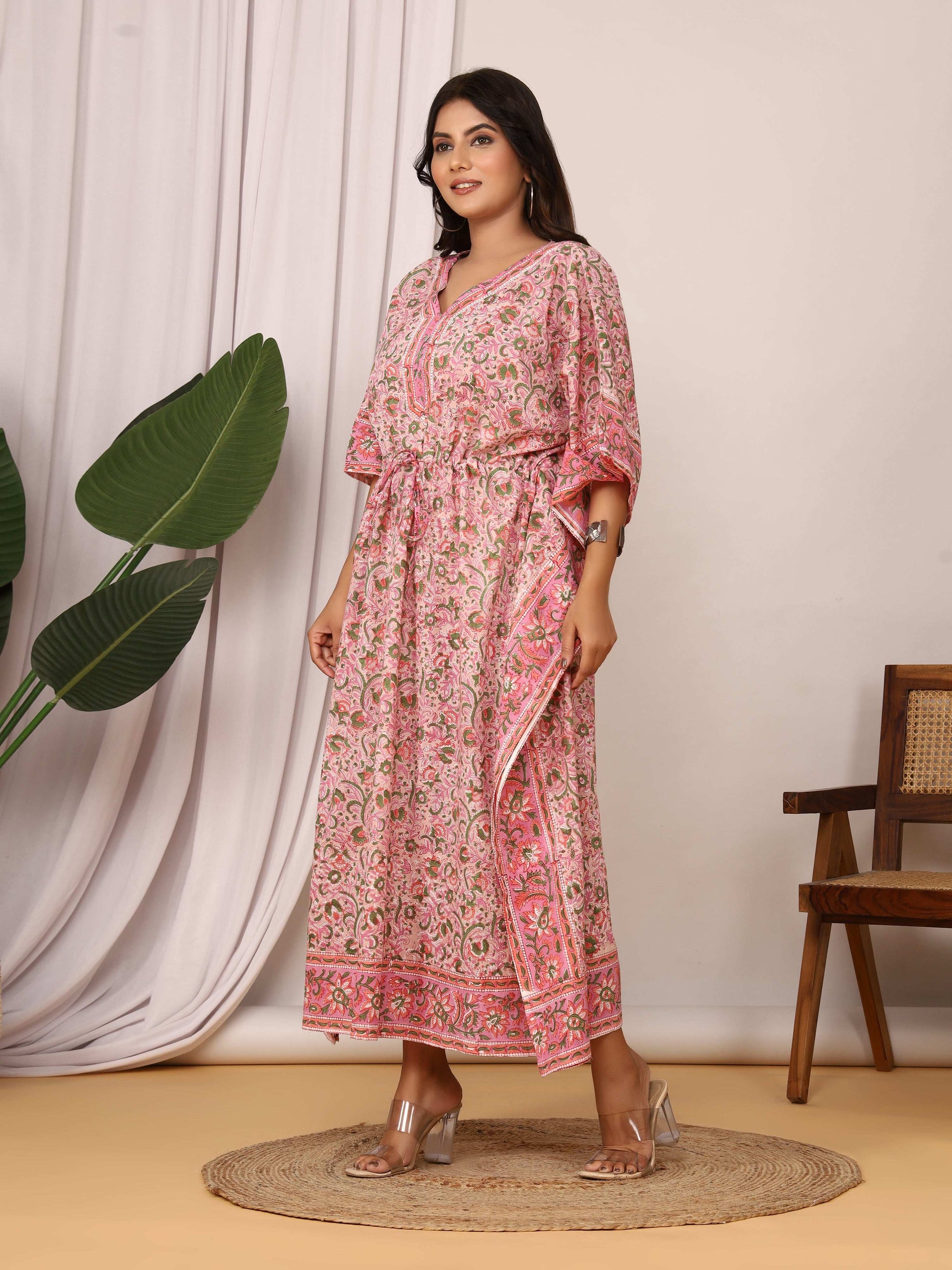 Sanganeri Floral Print Pink & Green Cotton Kaftan
