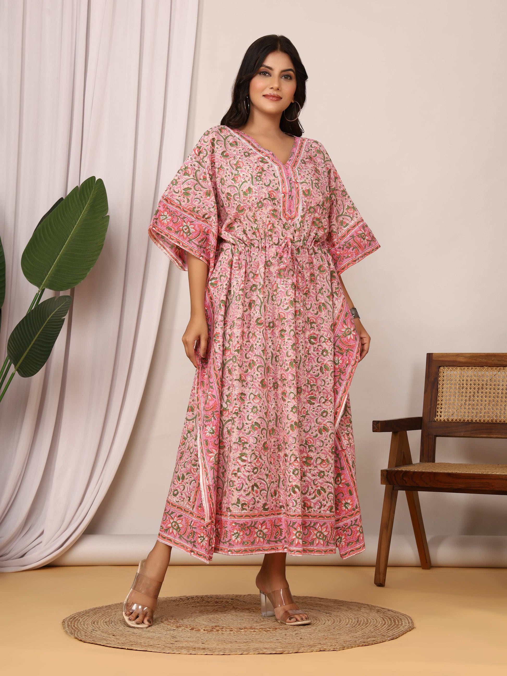 Sanganeri Floral Print Pink & Green Cotton Kaftan