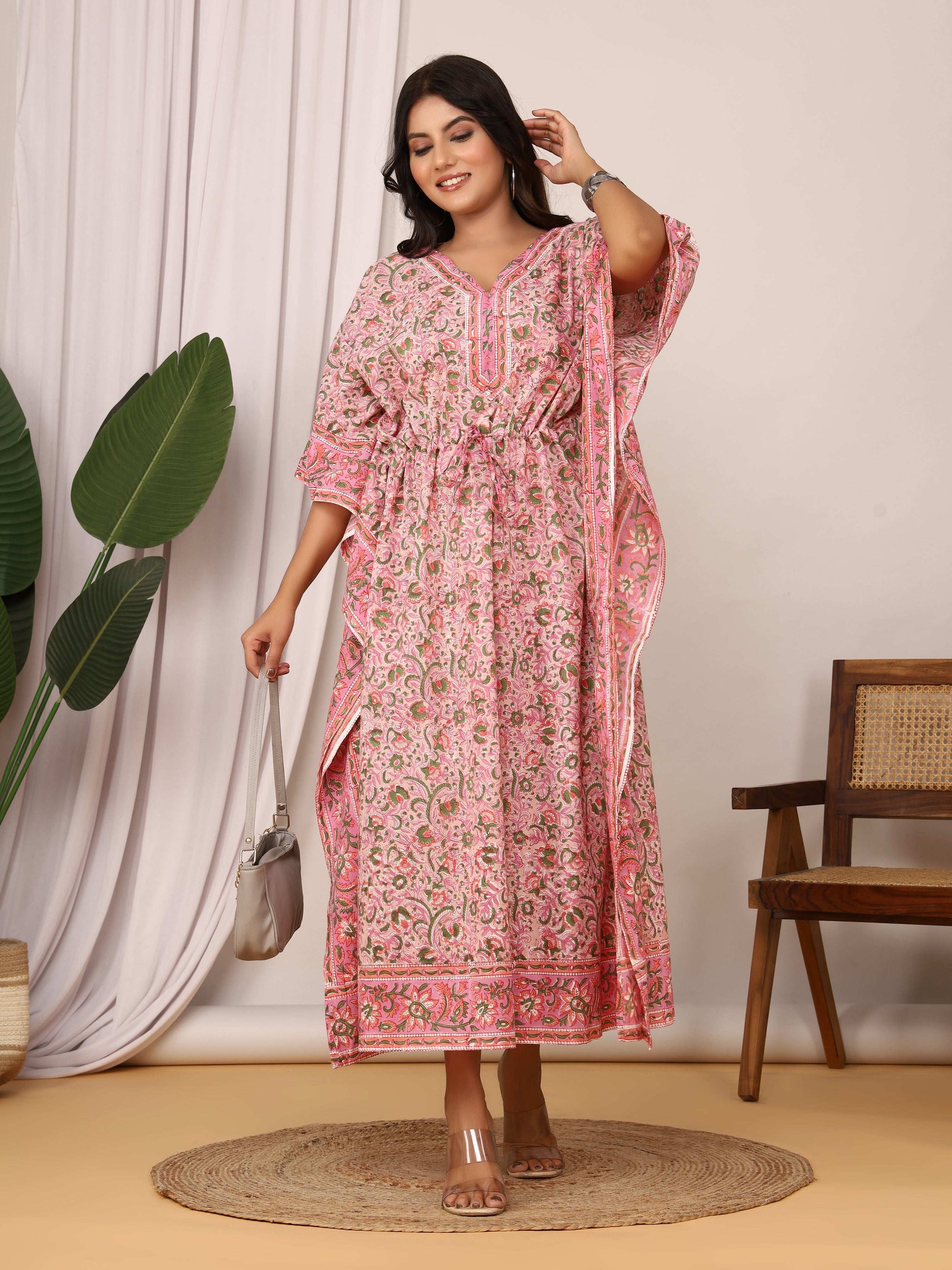 Sanganeri Floral Print Pink & Green Cotton Kaftan