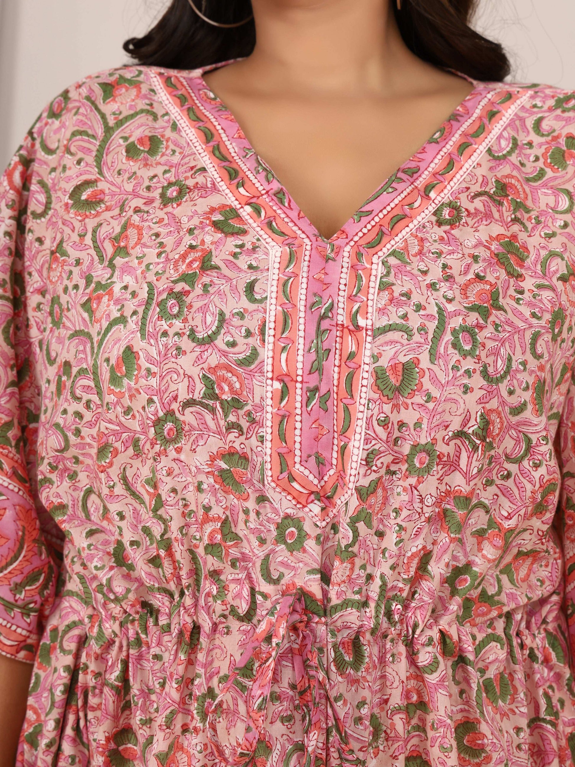 Sanganeri Floral Print Pink & Green Cotton Kaftan