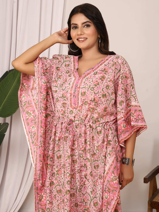 Sanganeri Floral Print Pink & Green Cotton Kaftan