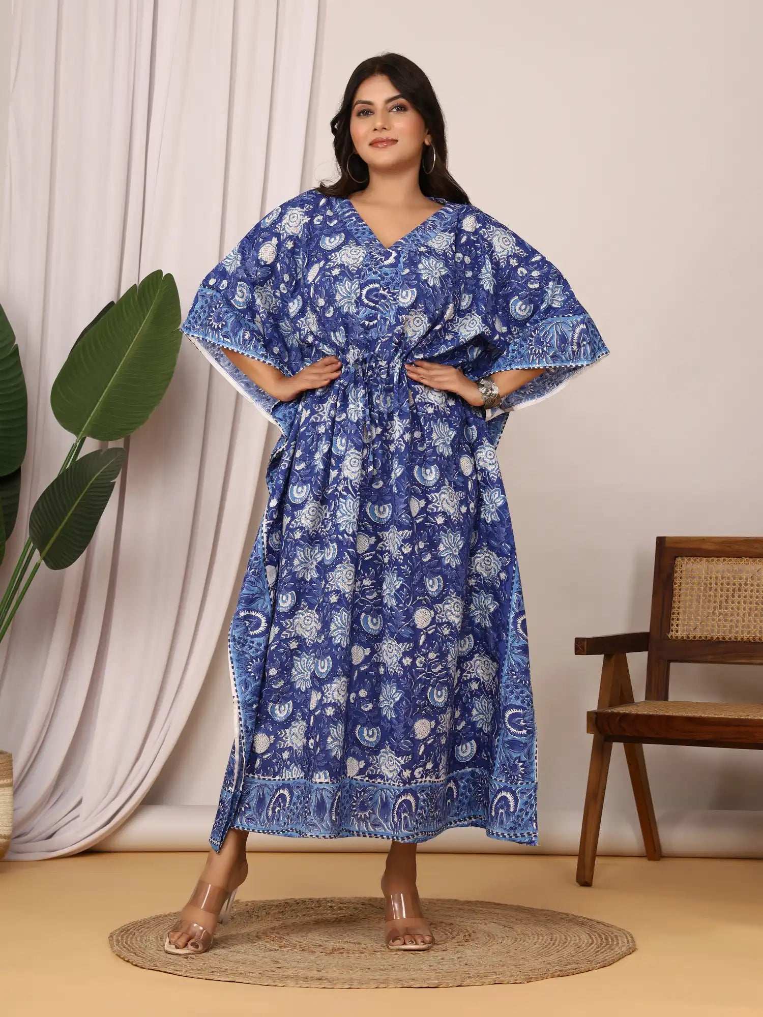 Sanganeri Floral Print Blue & White Cotton Kaftan