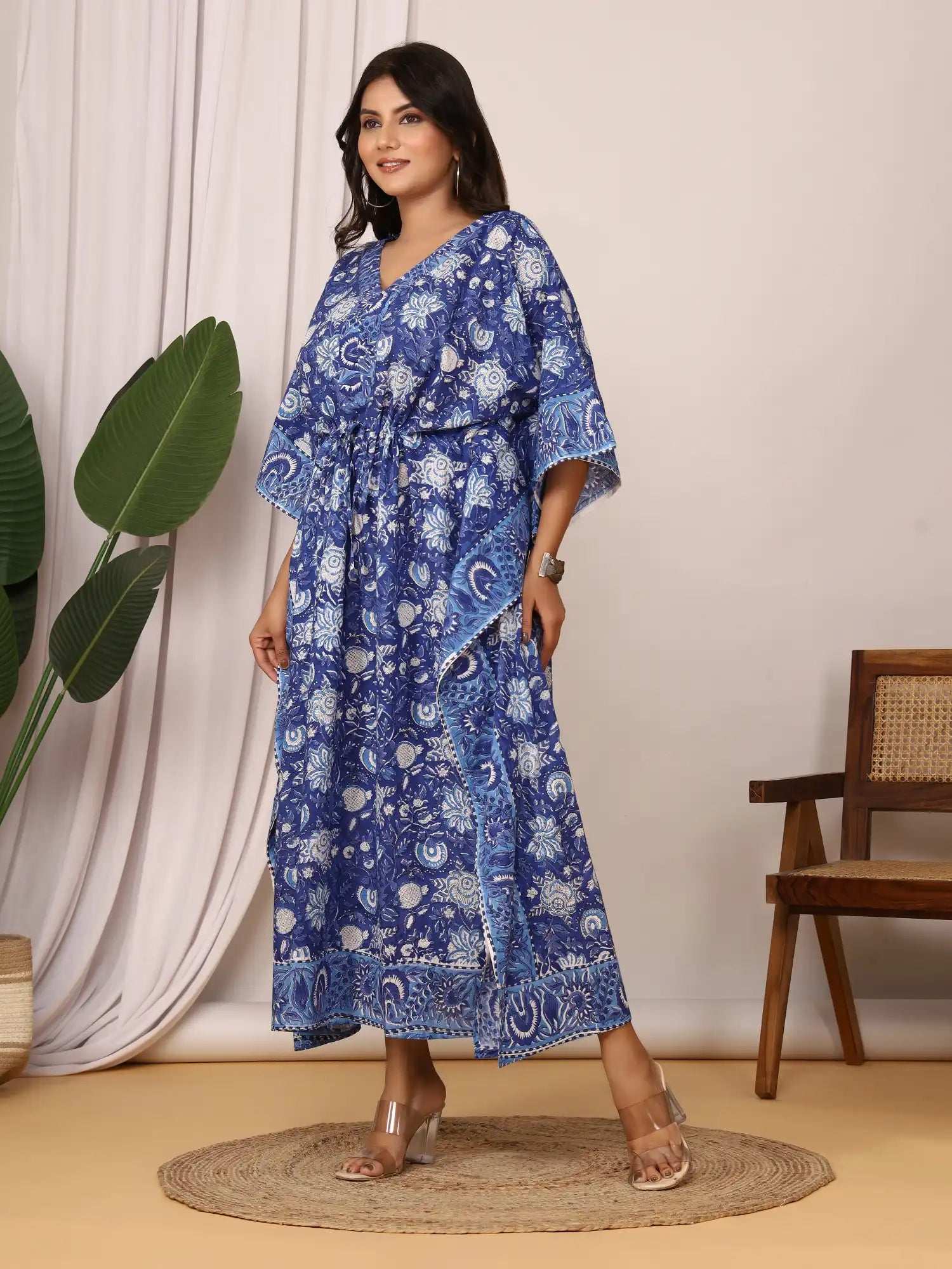 Sanganeri Floral Print Blue & White Cotton Kaftan