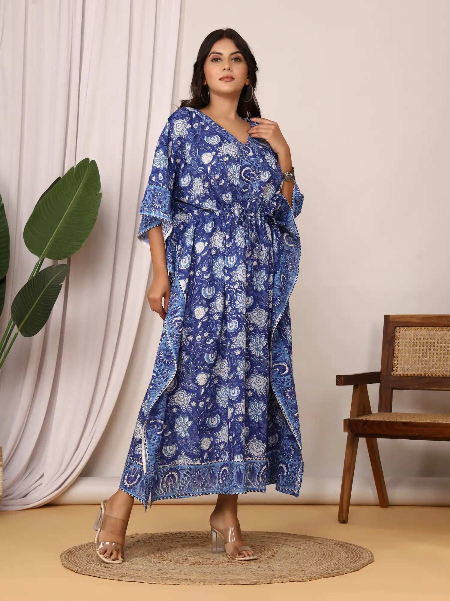 Sanganeri Floral Print Blue & White Cotton Kaftan