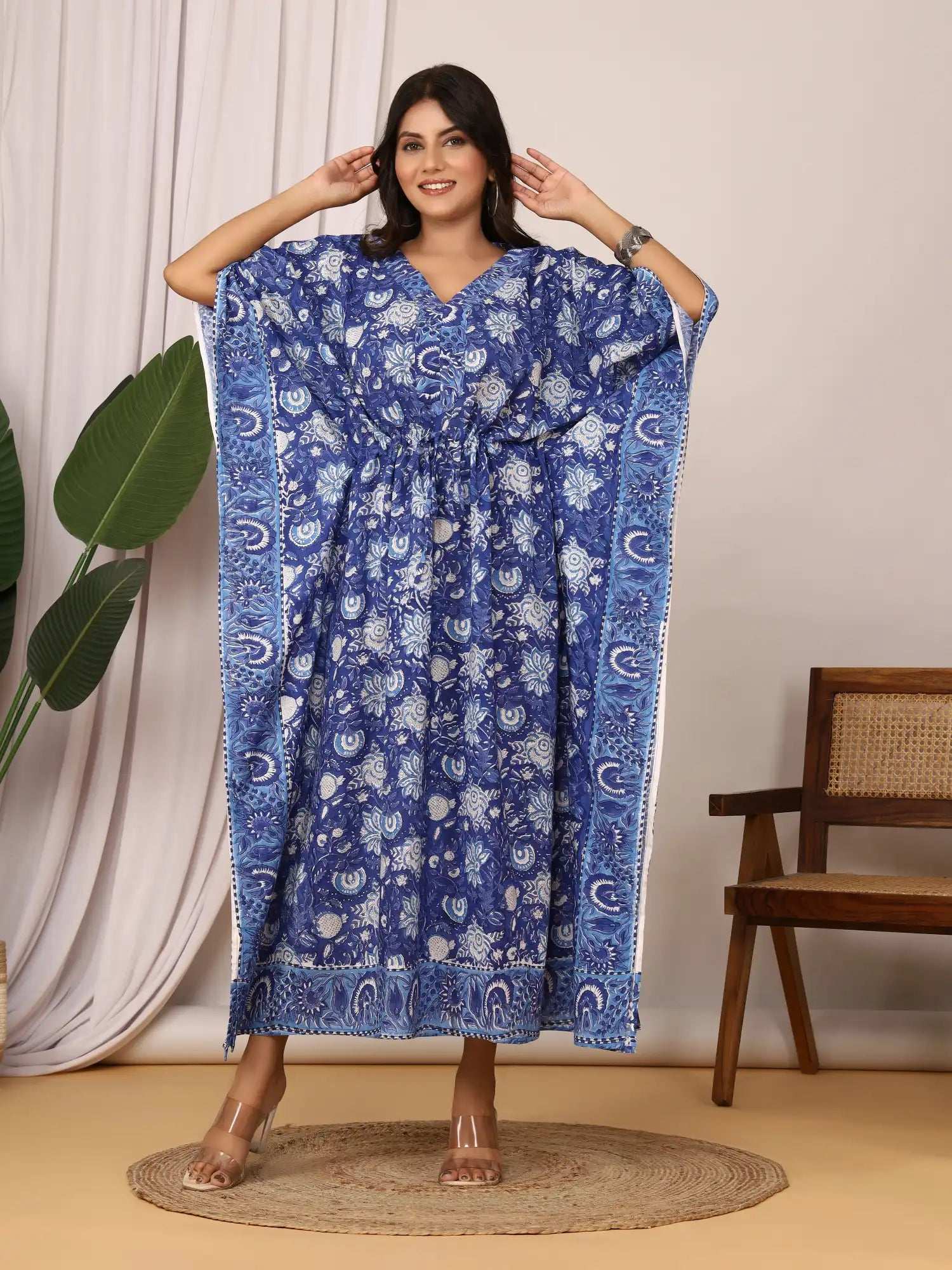Sanganeri Floral Print Blue & White Cotton Kaftan