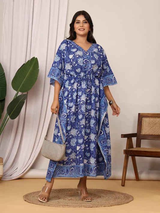 Sanganeri Floral Print Blue & White Cotton Kaftan