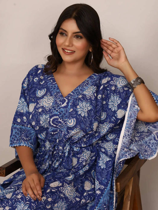 Sanganeri Floral Print Blue & White Cotton Kaftan