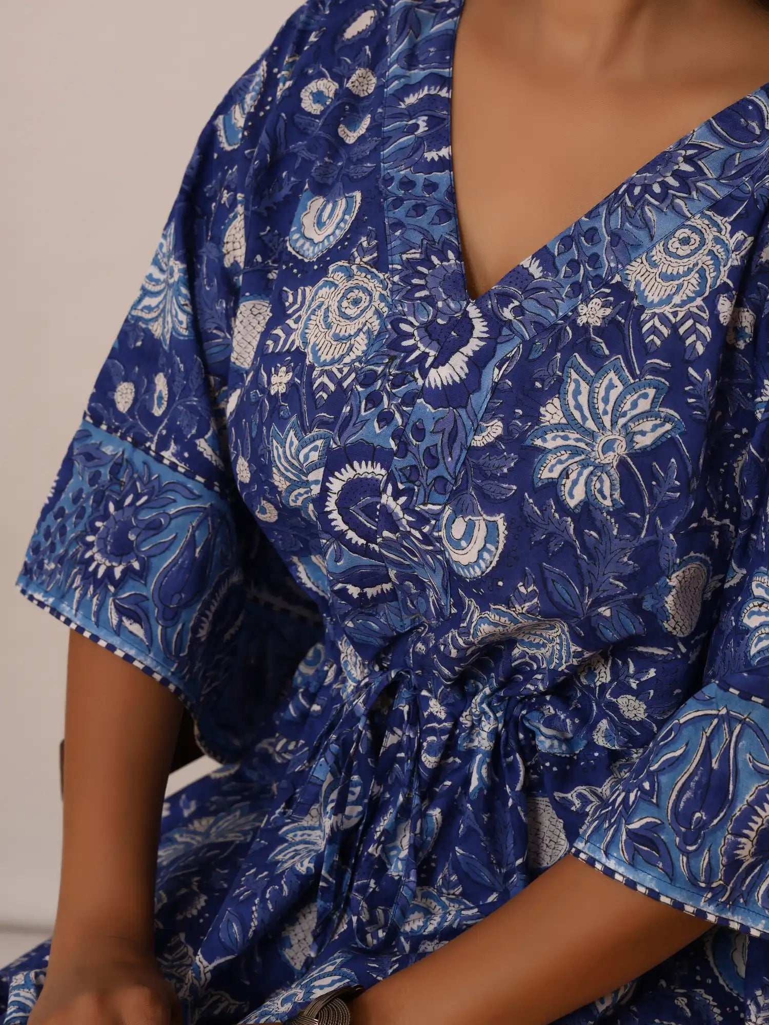 Sanganeri Floral Print Blue & White Cotton Kaftan