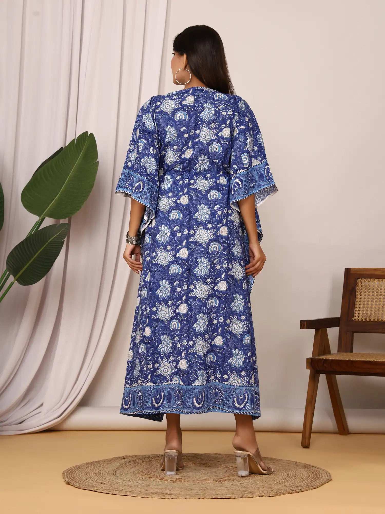 Sanganeri Floral Print Blue & White Cotton Kaftan
