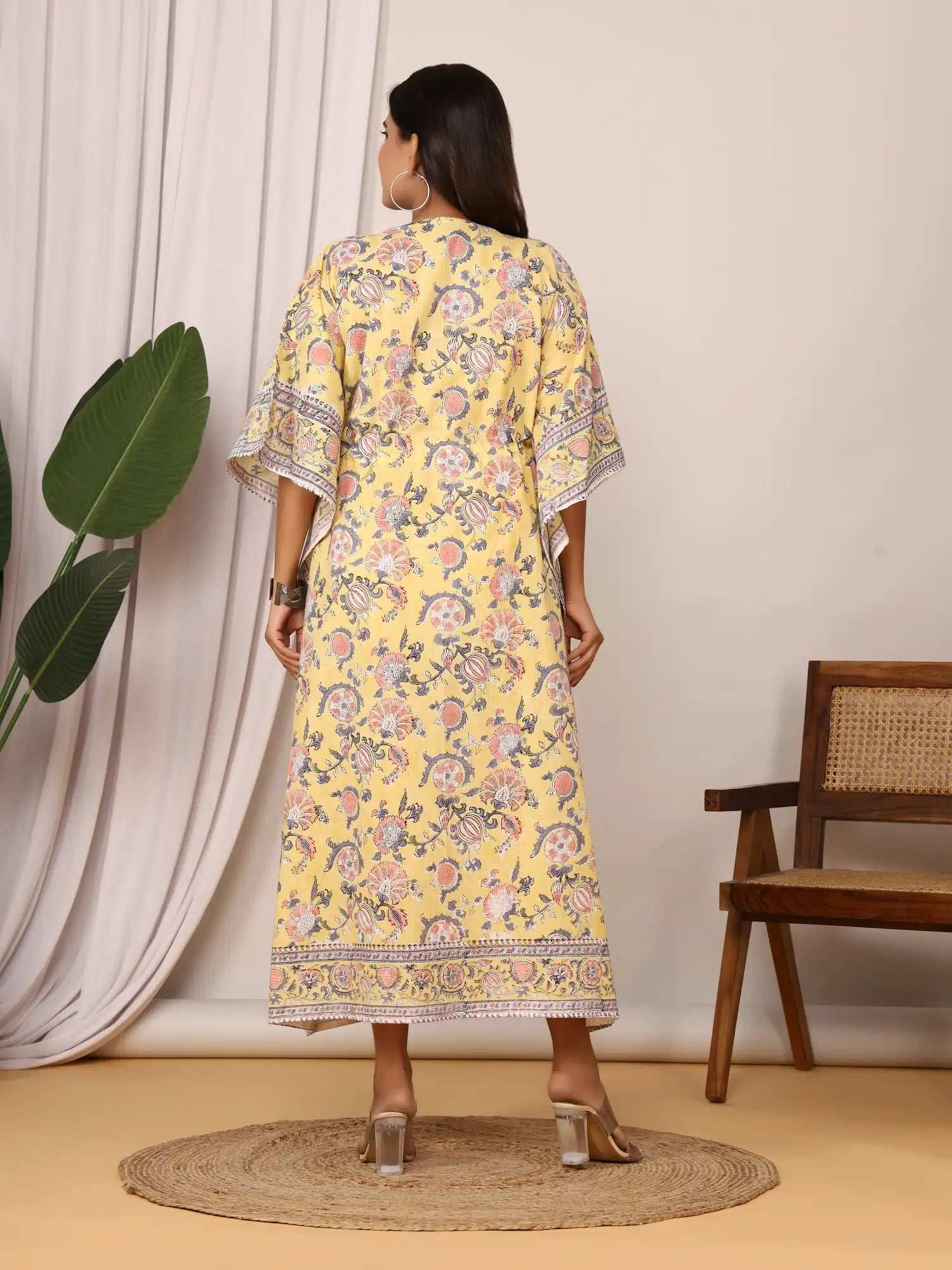 Sanganeri Floral Print Yellow & Peach Cotton Kaftan