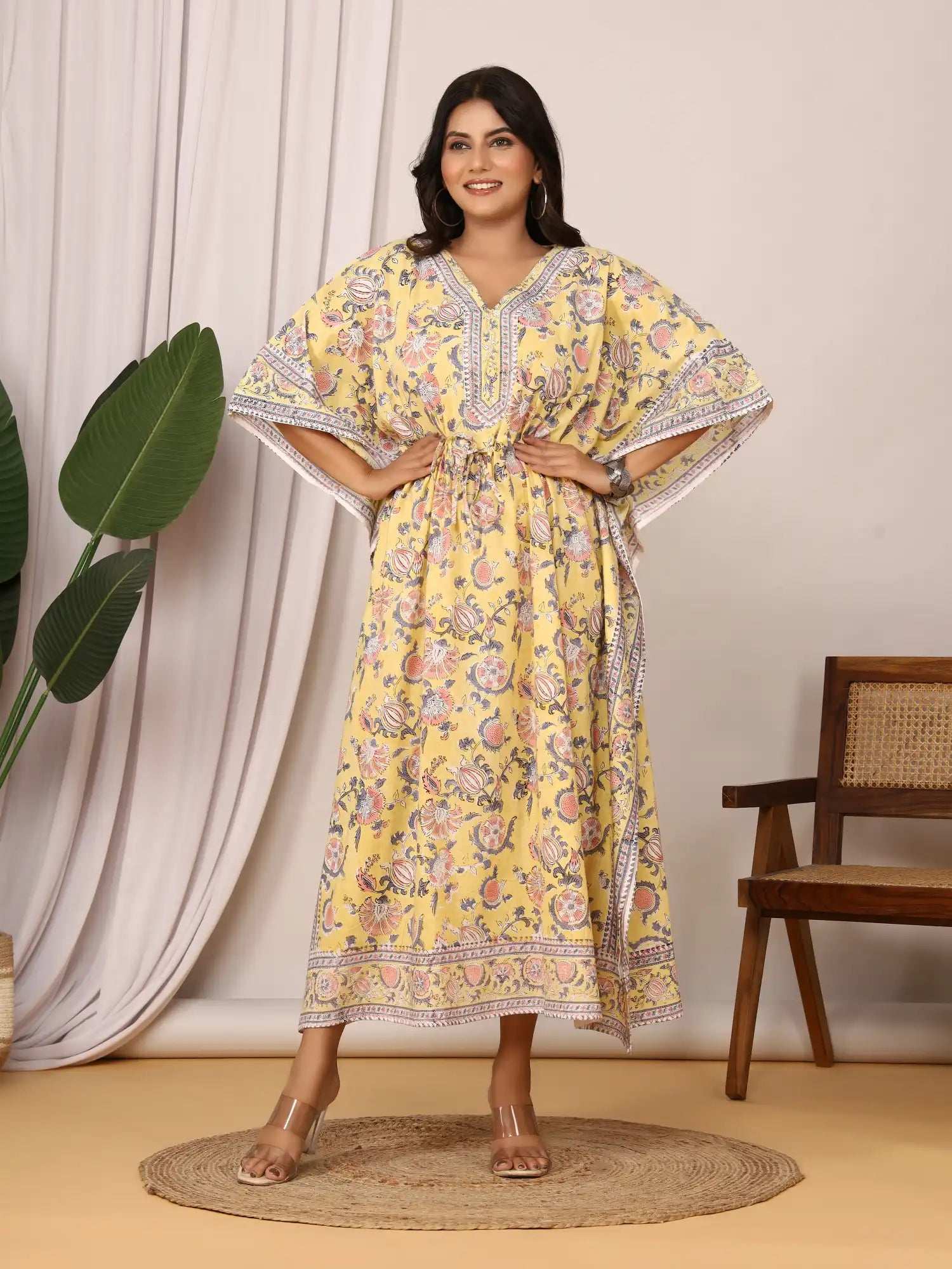 Sanganeri Floral Print Yellow & Peach Cotton Kaftan