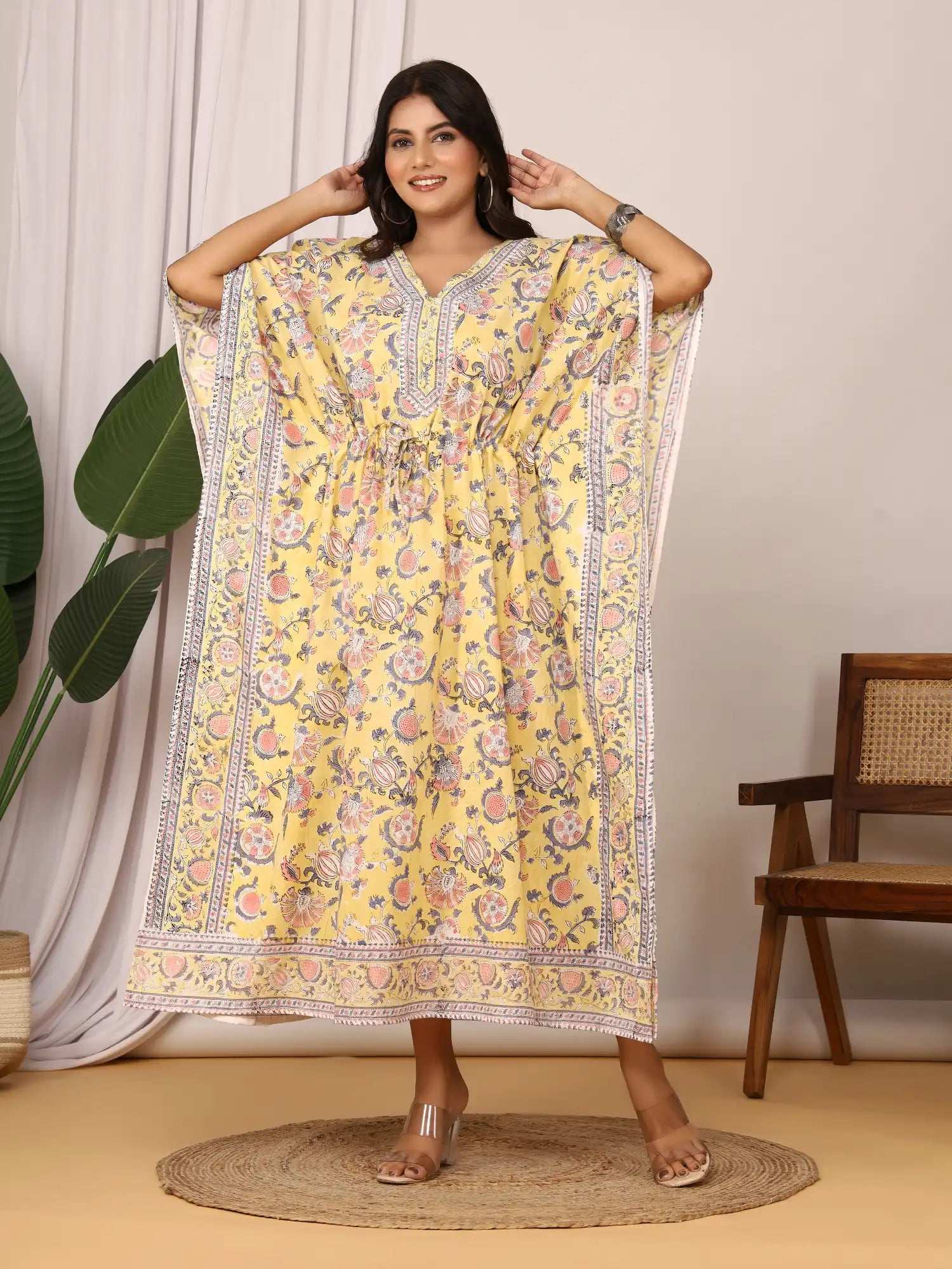 Sanganeri Floral Print Yellow & Peach Cotton Kaftan