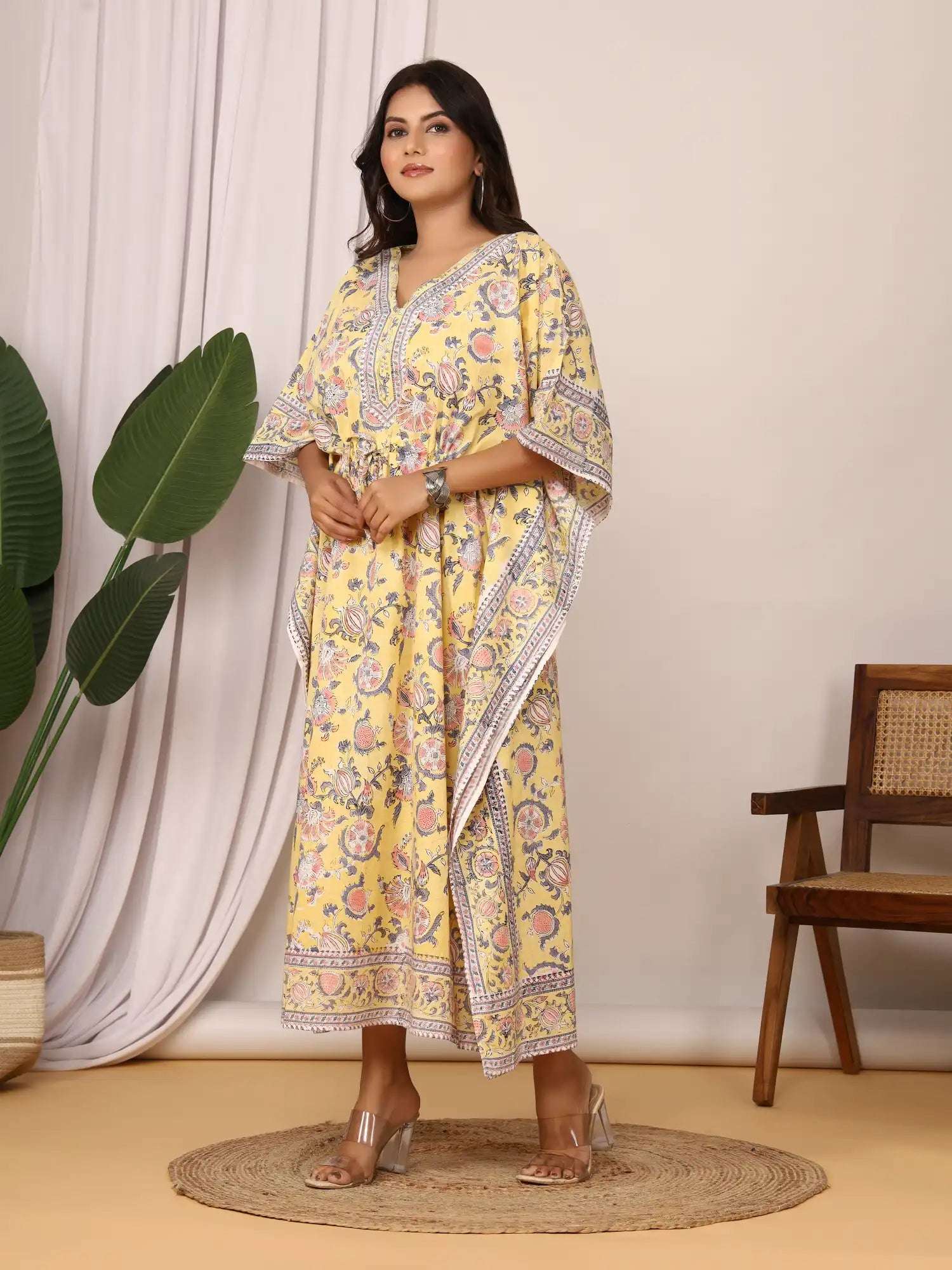 Sanganeri Floral Print Yellow & Peach Cotton Kaftan