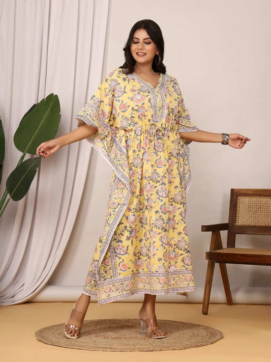 Sanganeri Floral Print Yellow & Peach Cotton Kaftan
