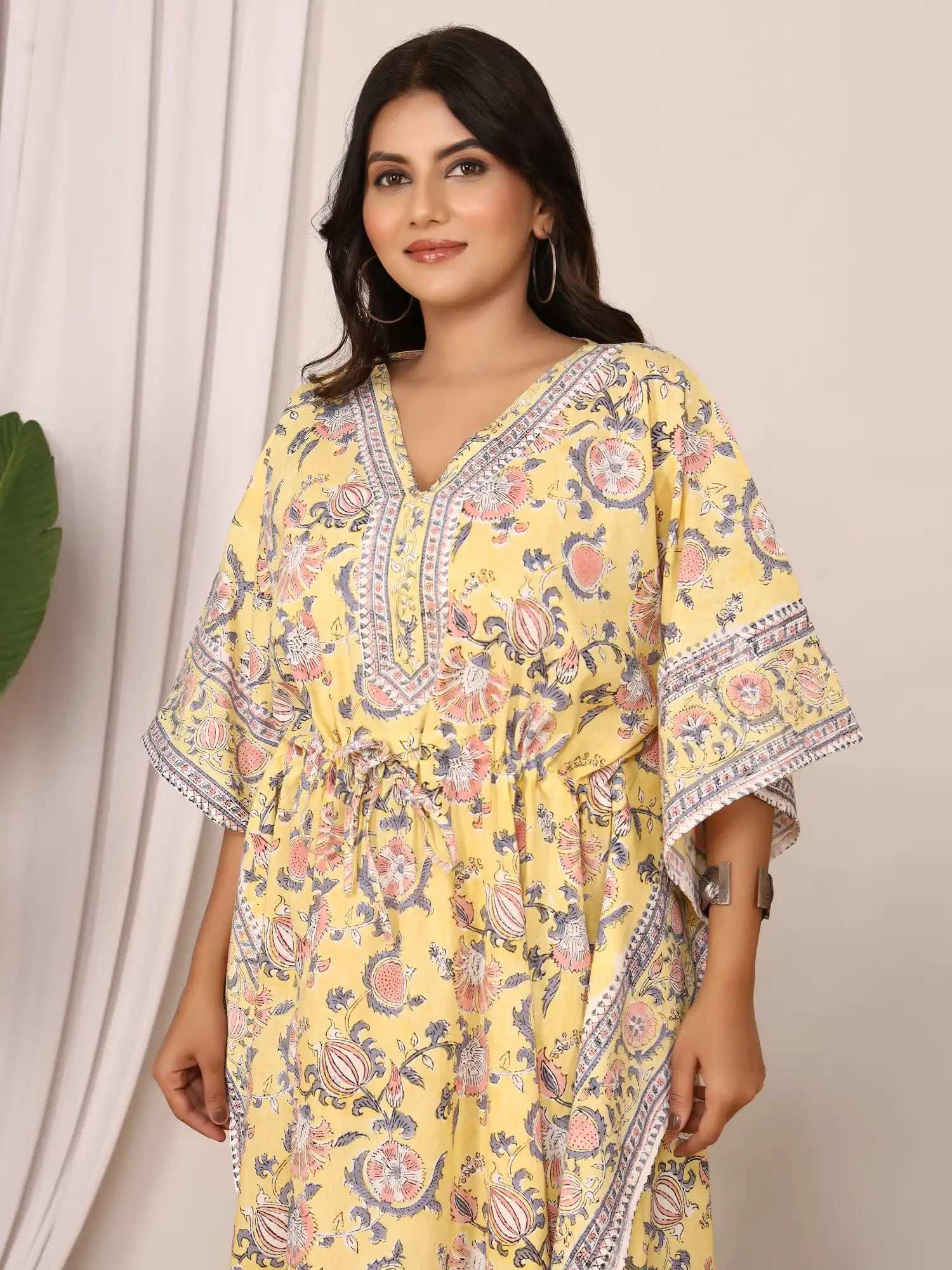 Sanganeri Floral Print Yellow & Peach Cotton Kaftan