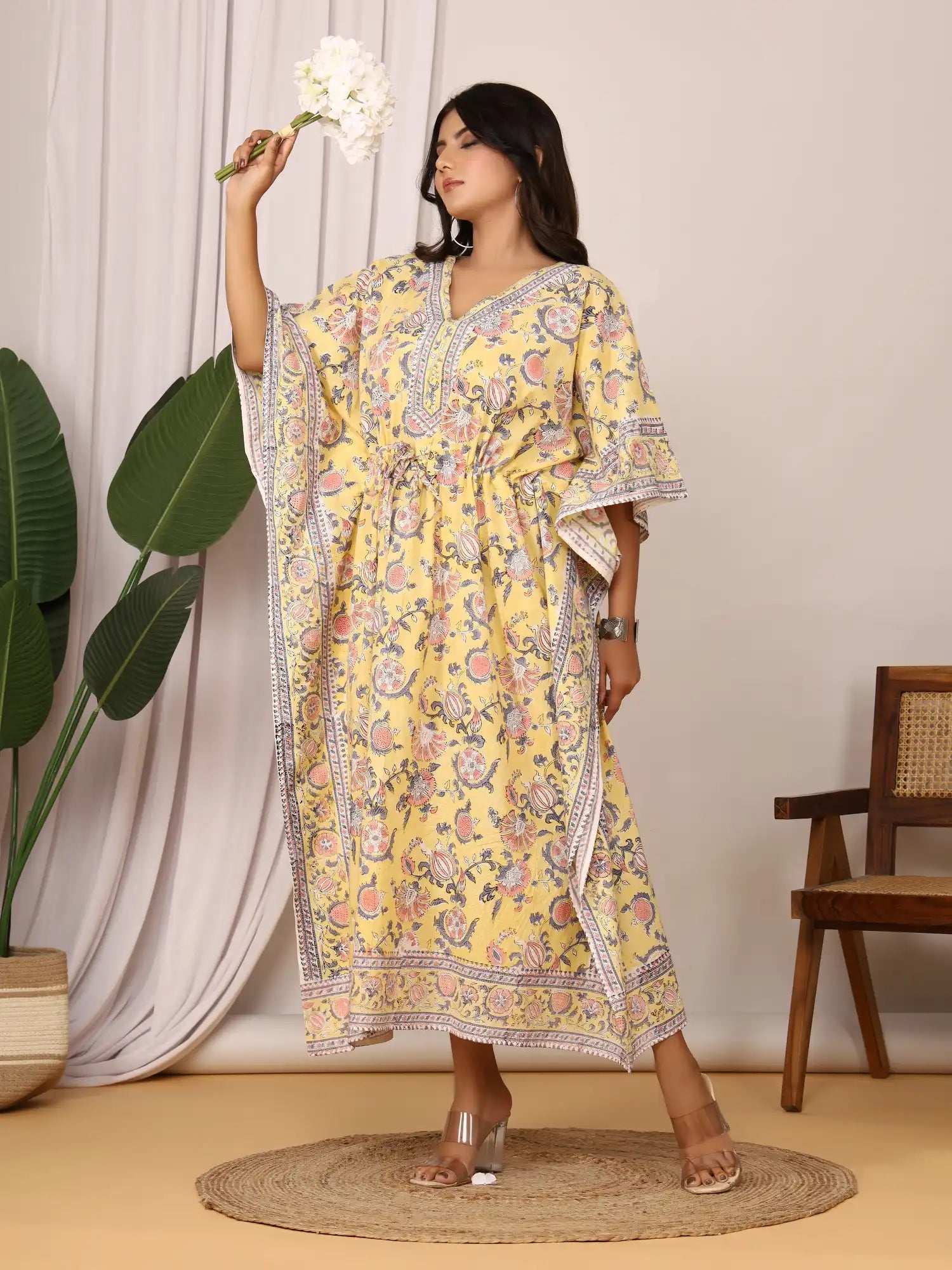 Sanganeri Floral Print Yellow & Peach Cotton Kaftan