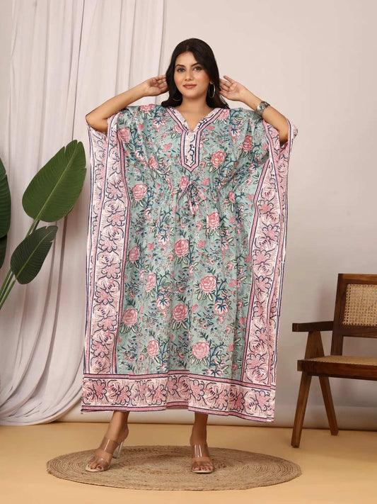 Sanganeri Floral Print Green & Pink Cotton Kaftan
