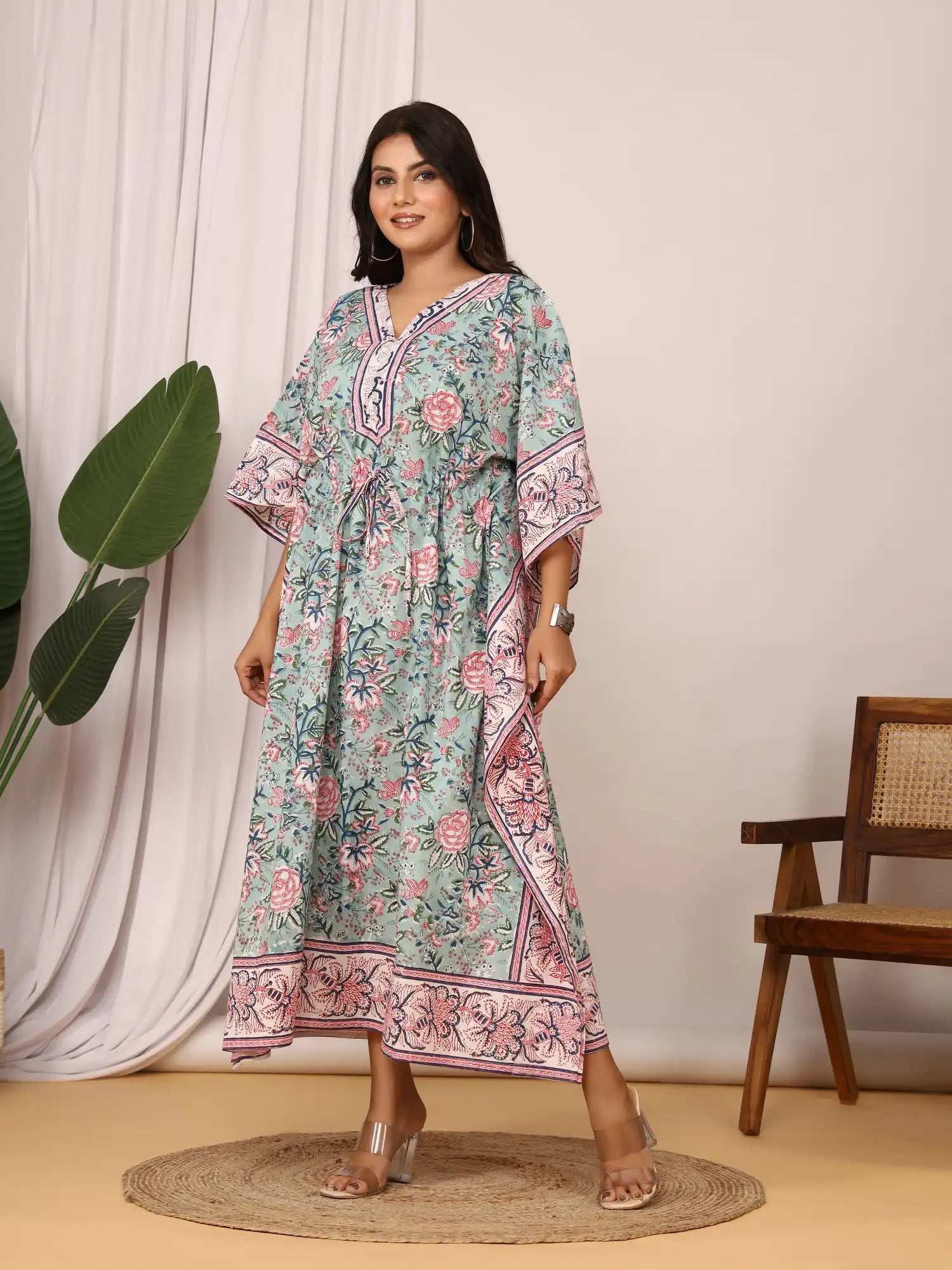 Sanganeri Floral Print Green & Pink Cotton Kaftan