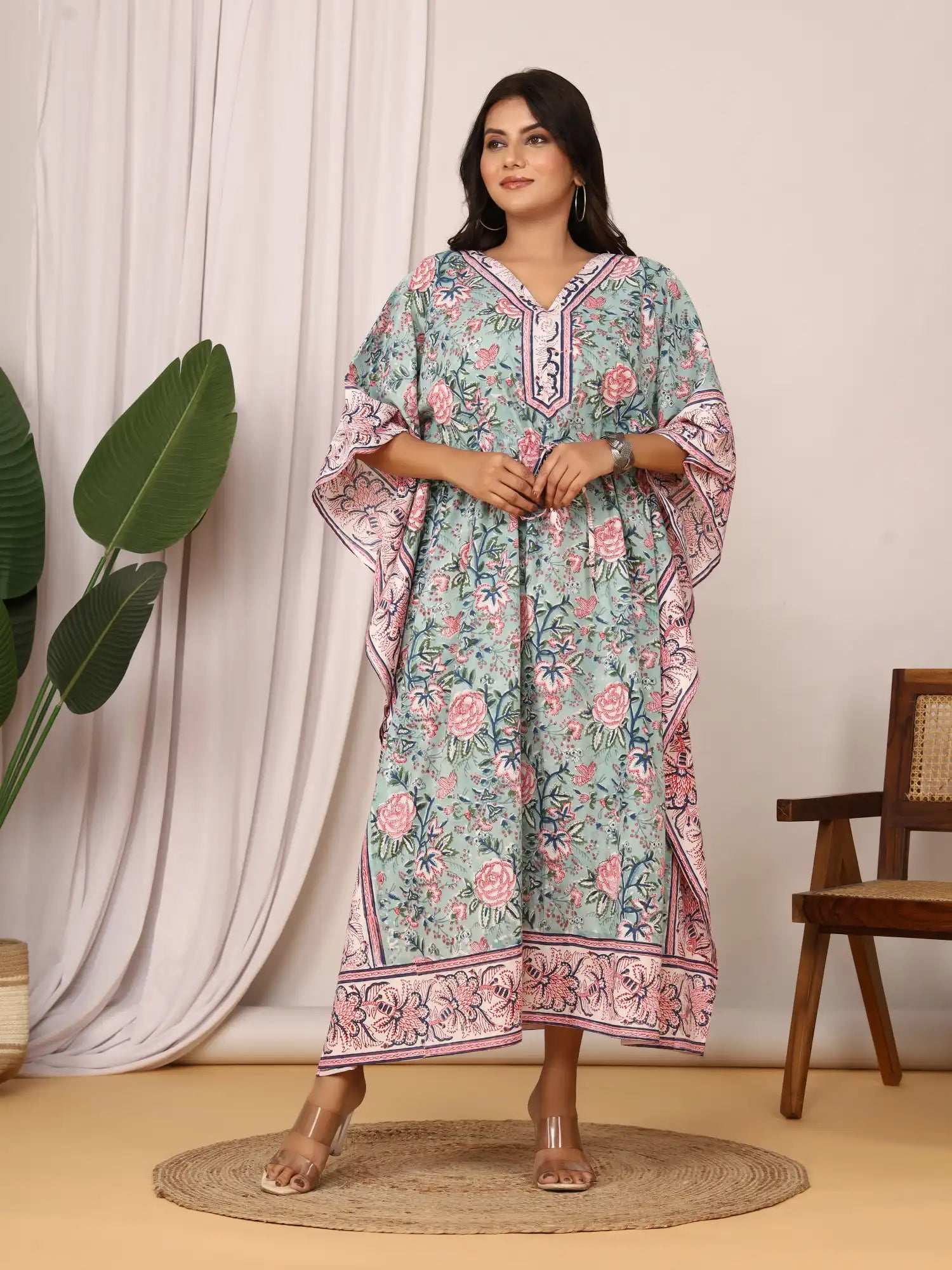 Sanganeri Floral Print Green & Pink Cotton Kaftan